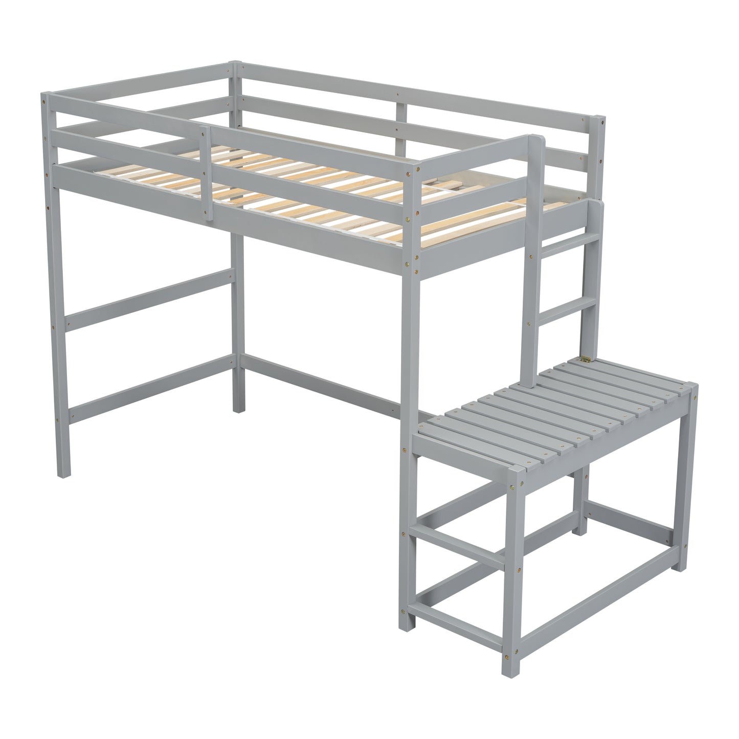 Twin Size High Loft Bed with Ladder landing Platform, Ladders, Guardrails,Grey