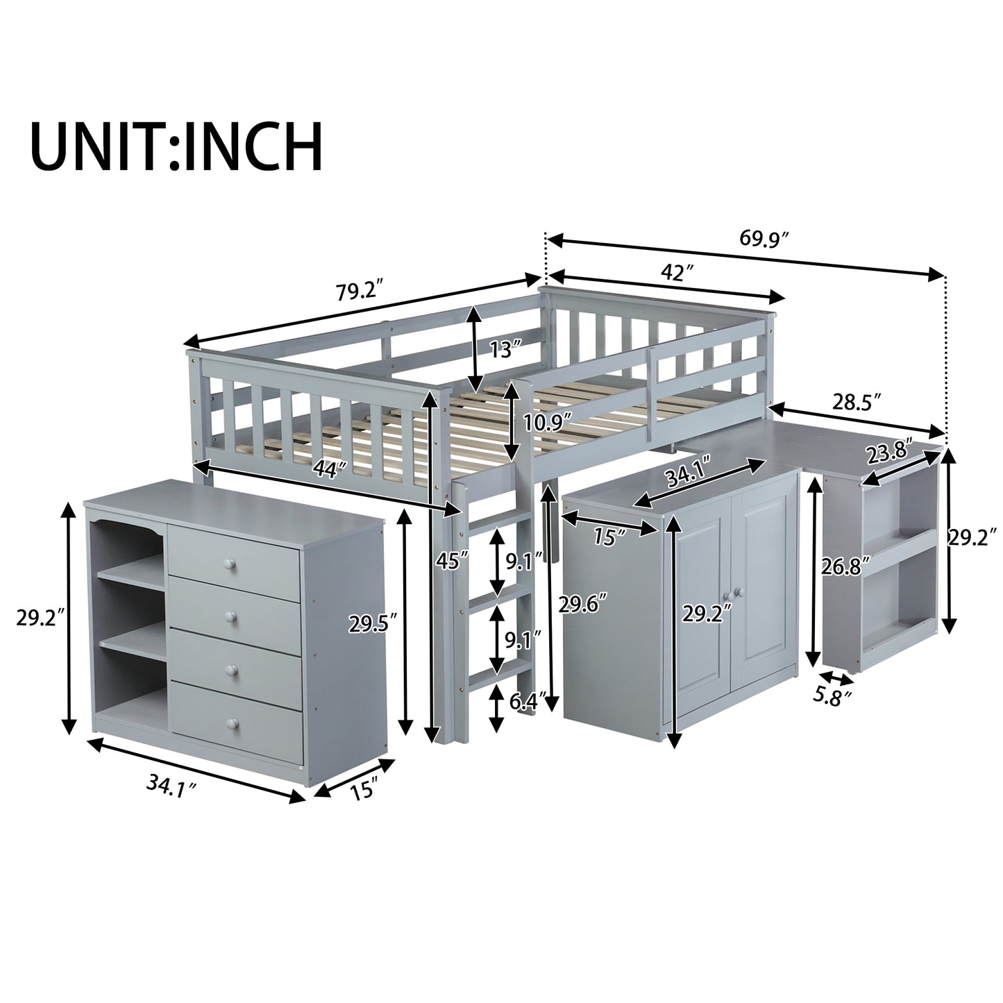 Twin Loft Bed with Storage Cabinet, Drawer and Shelf Cabinet and Pulling-Out Desk, Rubber Wood Loft Bed with Safety Guardrail, Ladder,Grey