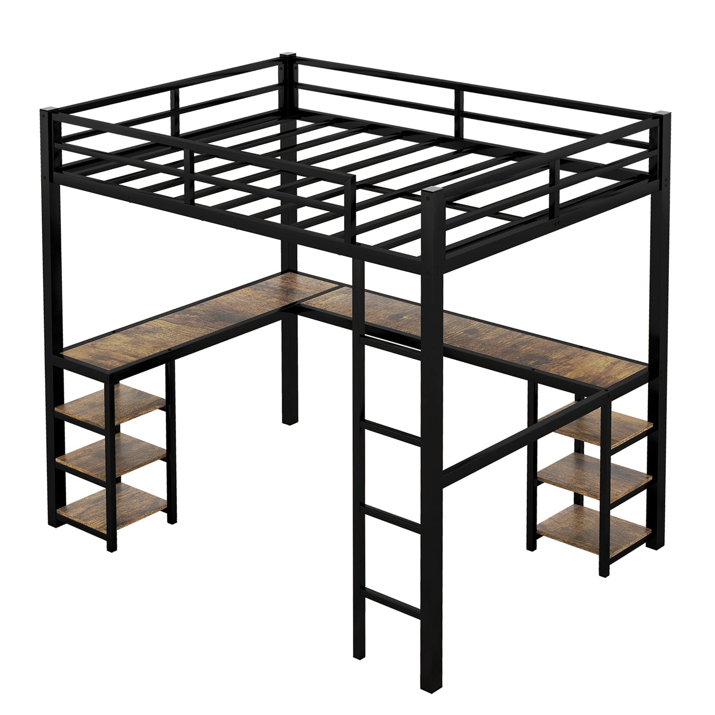 Full XL Metal Loft Bed with Desk and Shelves, Loft Bed with Ladder and Guardrails, Loft Bed Frame for Bedroom, Black