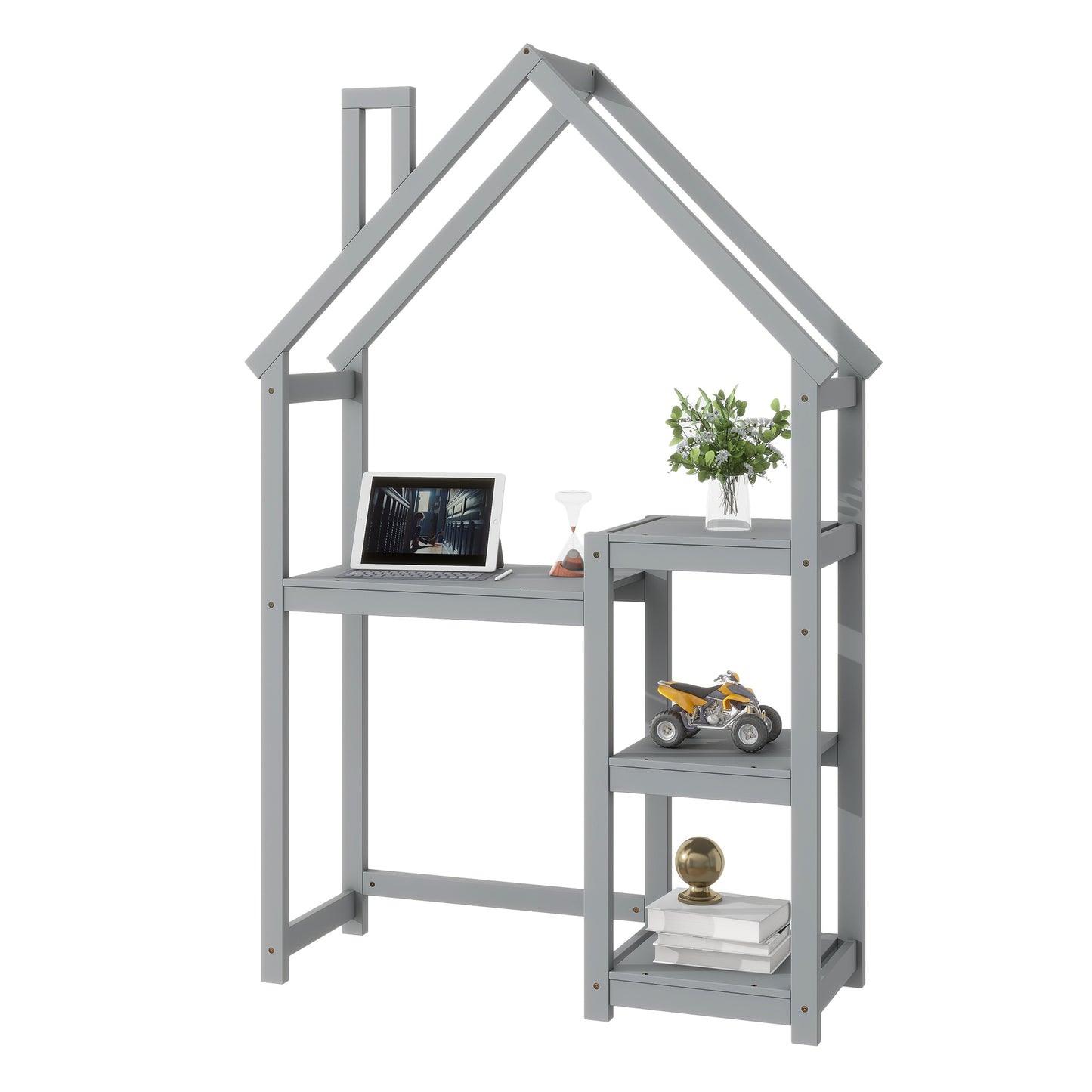 House-shaped Wooden writing Desk,Kids study Table,Bookshelf & Toy Storage,Grey