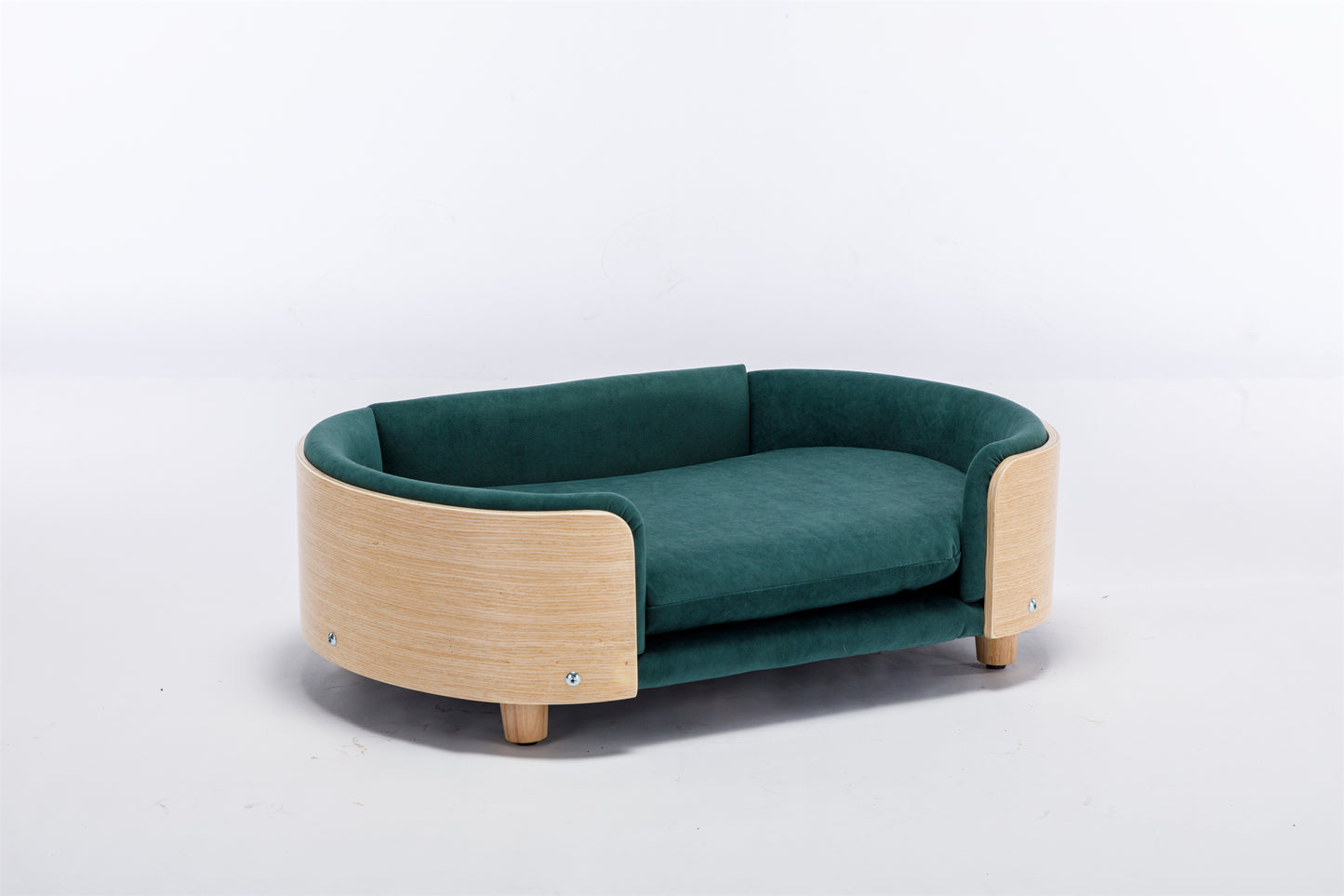 Scandinavian style Elevated Dog Bed Pet Sofa With Solid Wood legs and Bent Wood Back, Velvet Cushion,Mid Size,Dark green