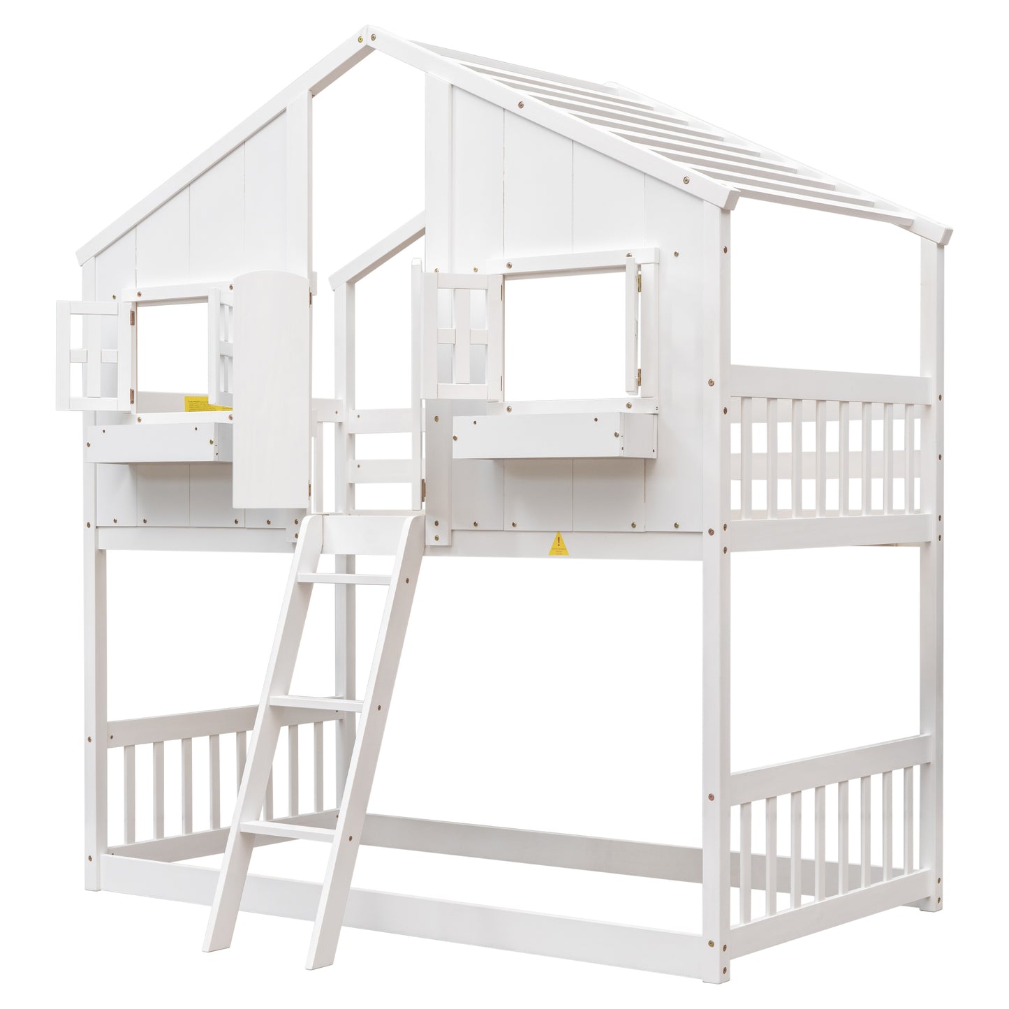 Twin over Twin House Bunk Bed with Roof , Window, Window  Box, Door , with Safety Guardrails and Ladder,White