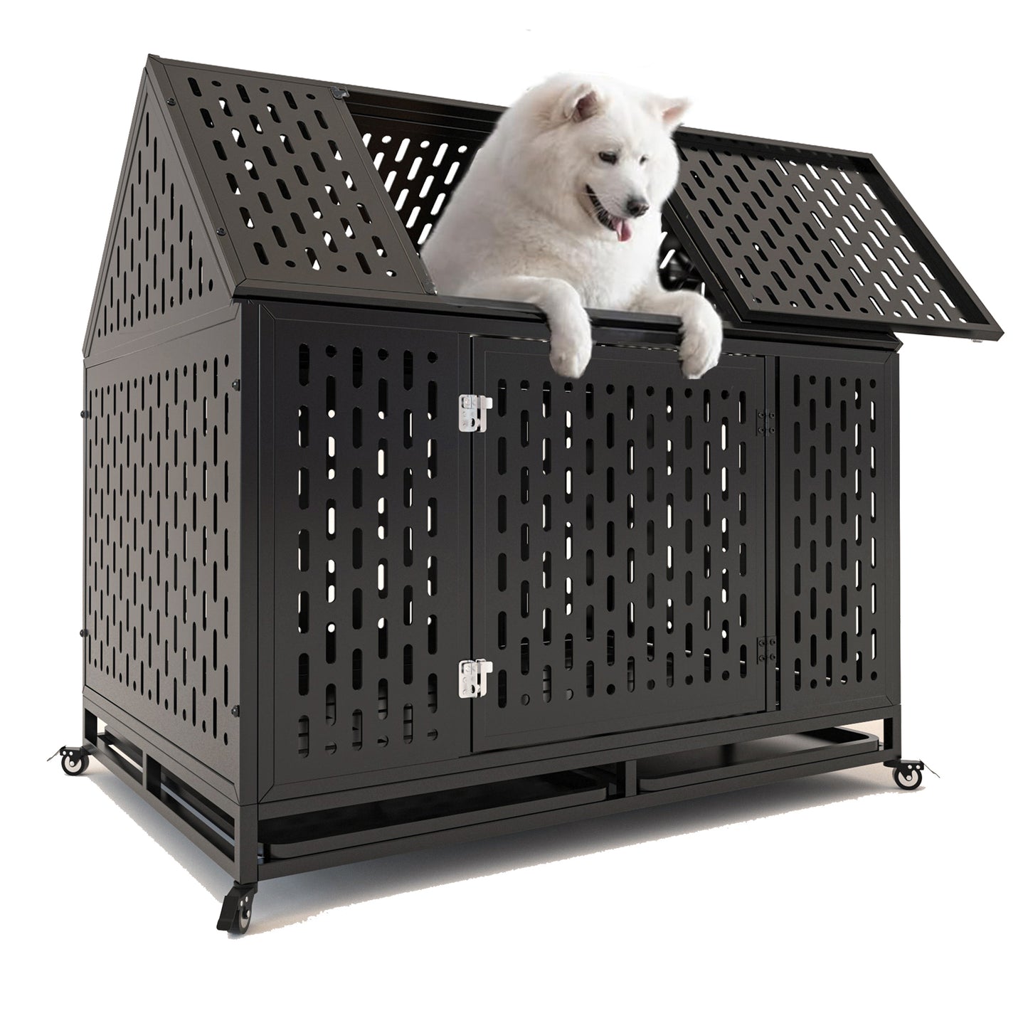 45" Heavy Duty Dog Crate Indestructible Pet Dog Cage Crate Kennel with Roof Top 2 Doors Removable Trays, Lockable Wheels, Escape-Proof for High Anxiety Large/Extra Dogs