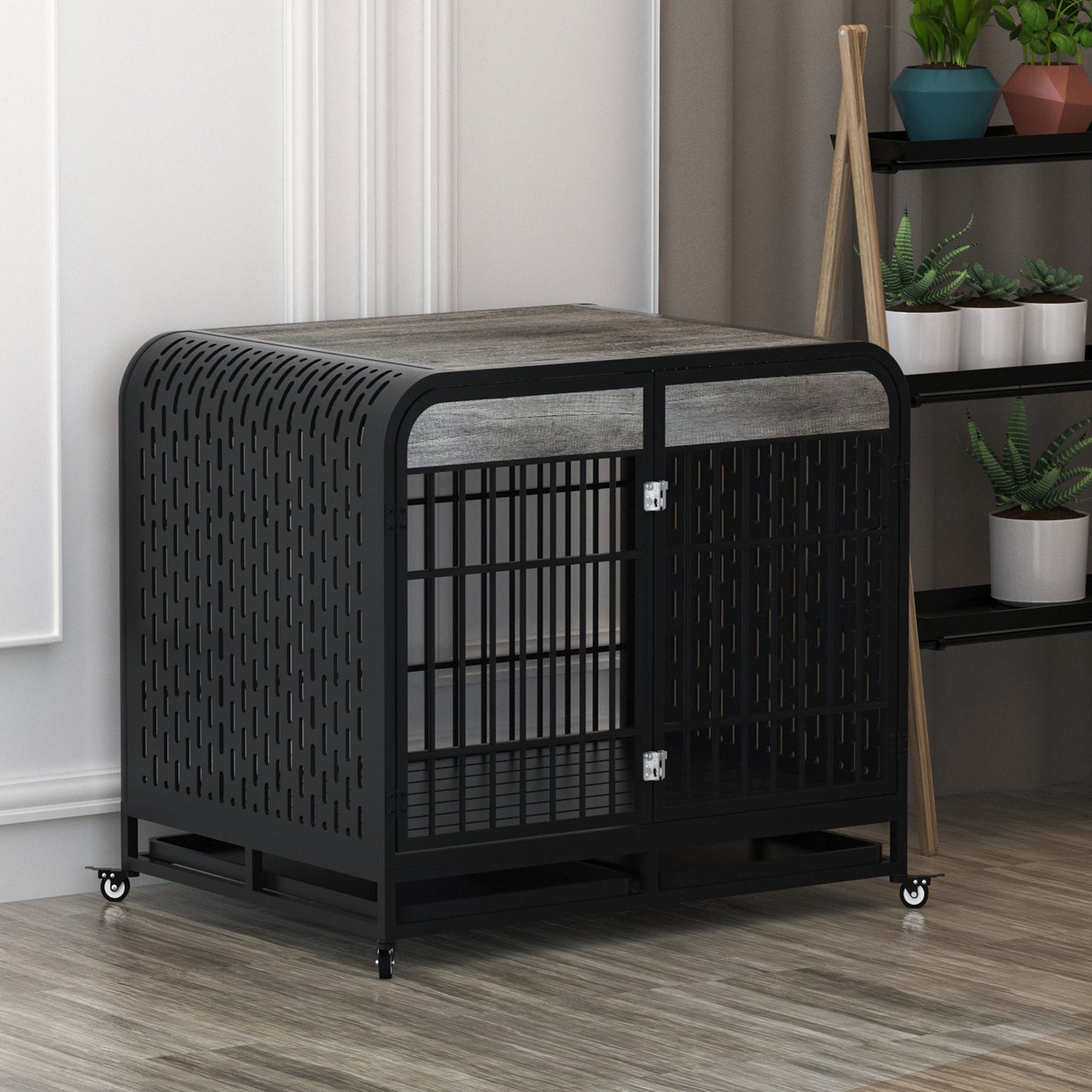 Heavy Duty Dog Crate Furniture Wooden Table Pet Dog Cage Kennel House Indoor Side End Table Decor with Removable Trays and Lockable Wheels for Medium and Large Dogs 42" Grey