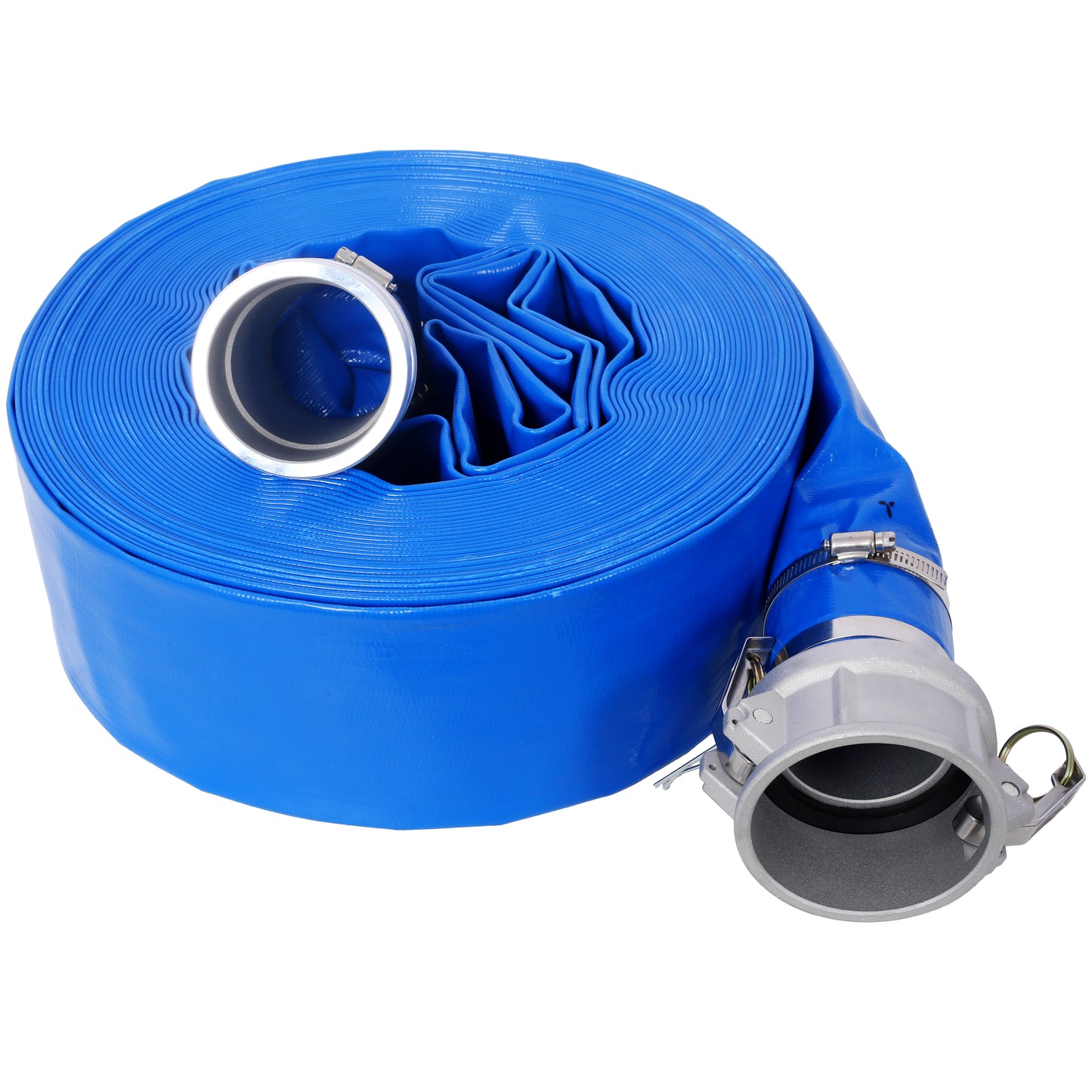 3'X100FT Pool Backwash Hose, Heavy Duty Reinforced Blue PVC Lay Flat Water Discharge Pump Hoses For Swimming Drain Pools and Clean Filters, with Aluminum Camlock C and E Fittings