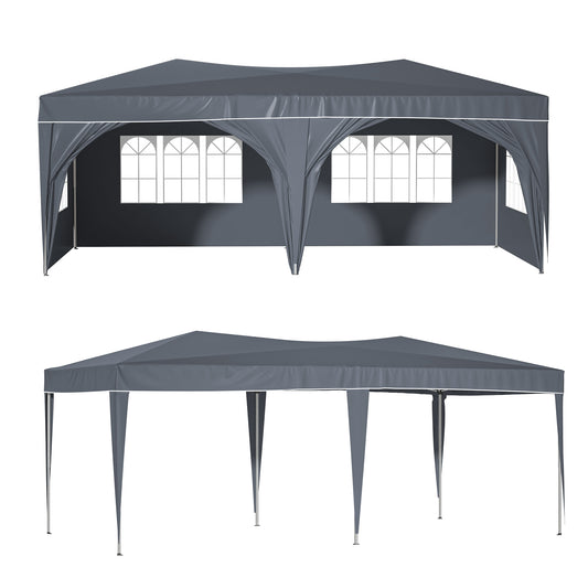 10'x20' Pop Up Canopy Tent with 6 Sidewalls, Ez Pop Up Outdoor Canopy for Parties, Waterproof Commercial Tent with 3 Adjustable Heights, Carry Bag, 6 Sand Bags, 6 Ropes and 12 Stakes, Gray