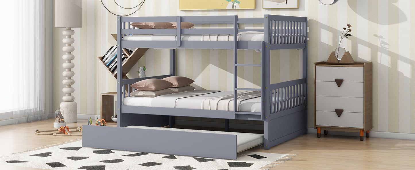 Full Over Full Rubber Wood Bunk Bed with Trundle, Ladder and Guardrails, Convertible to 2 Full Size Beds, with Twin Size Trundle ,Grey(Old Sku:W504S00250)