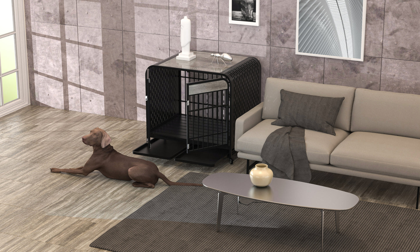 Heavy Duty Dog Crate Furniture Wooden Table Pet Dog Cage Kennel House Indoor Side End Table Decor with Removable Trays and Lockable Wheels for Medium and Large Dogs 42" Grey