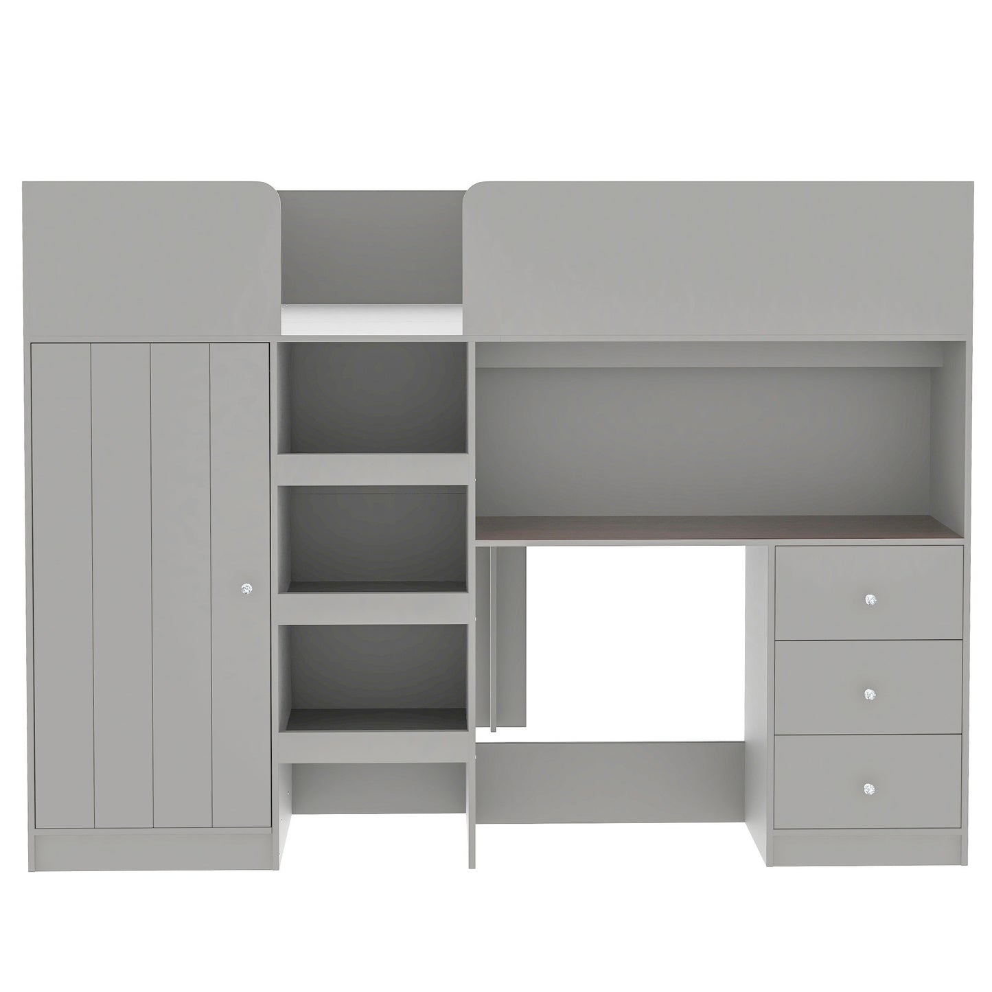 Wood Full Size Loft Bed with Built-in Wardrobe, Desk, Storage Shelves and Drawers, Grey