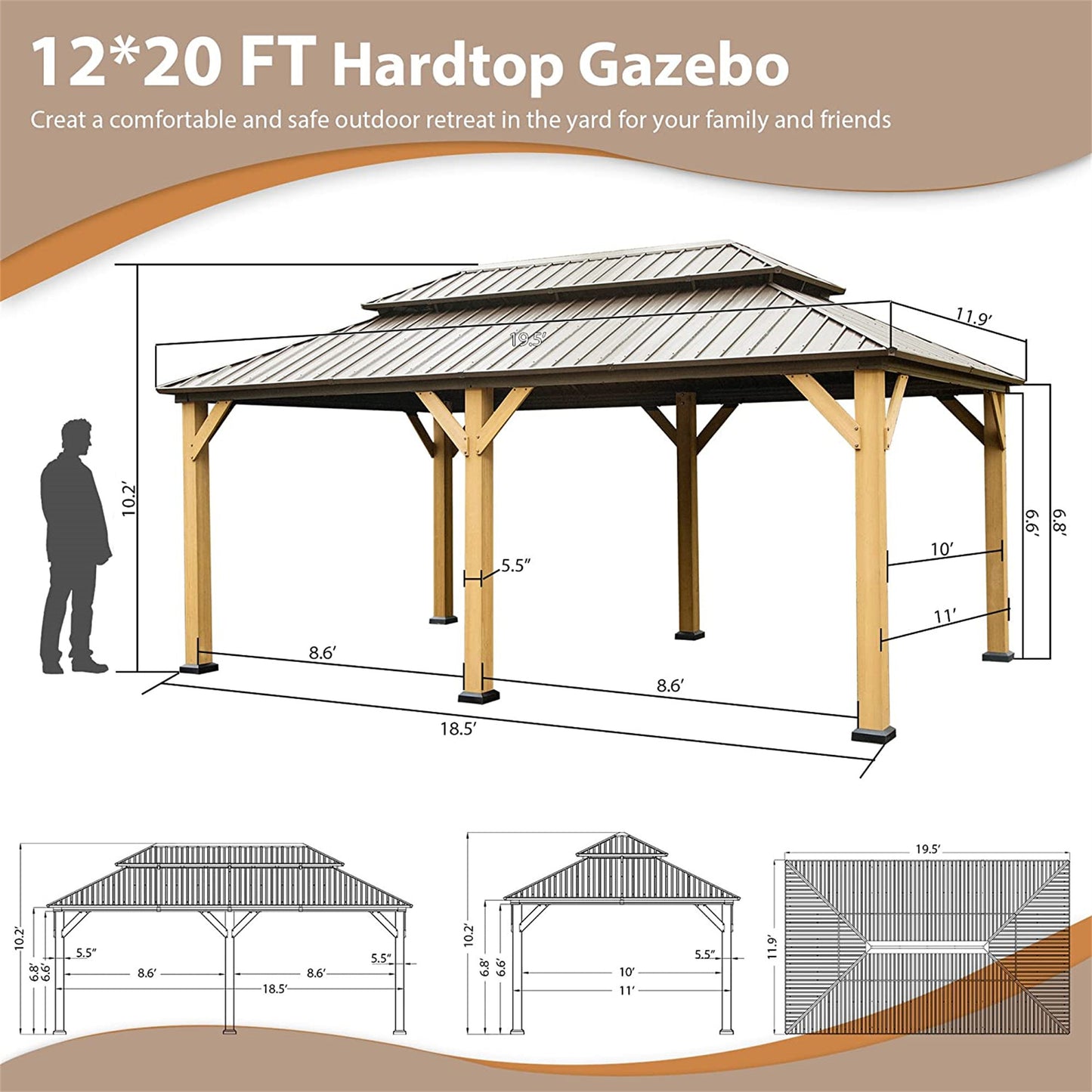 12'x20' Hardtop Gazebo, Outdoor Cedar Wood Frame Canopy with Galvanized Steel Double Roof, Outdoor Permanent Metal Pavilion with Curtains and Netting for Patio, Backyard and Lawn(Brown)