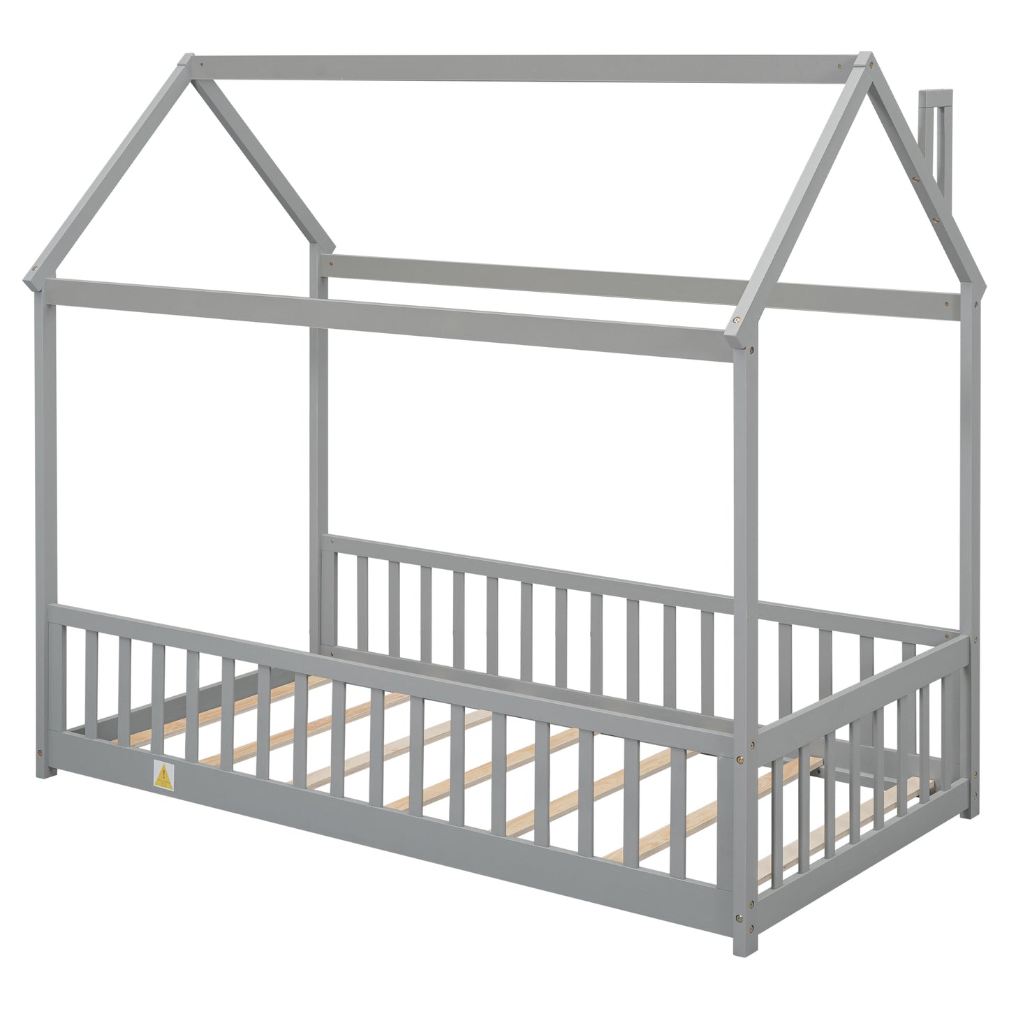 Twin House Bed with Guardrails, Slats ,Grey