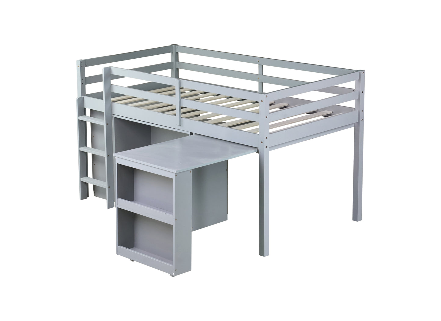 Twin Loft Bed with ,Drawer Cabinet, Shelf Cabinet and Pulling -Out Desk,Rubber Wood Loft Bed with Safety Guardrail ,Ladder,Grey