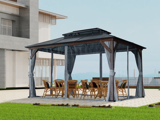 10' x 13' Hardtop Wood Gazebo for Patios, Outdoor  Framed Gazebo with Polycarbonate Double Roof Canopy, Solid Wooden Framed Gazebo with Privacy Curtains and Mosquito Nettings for Garden, Backyard