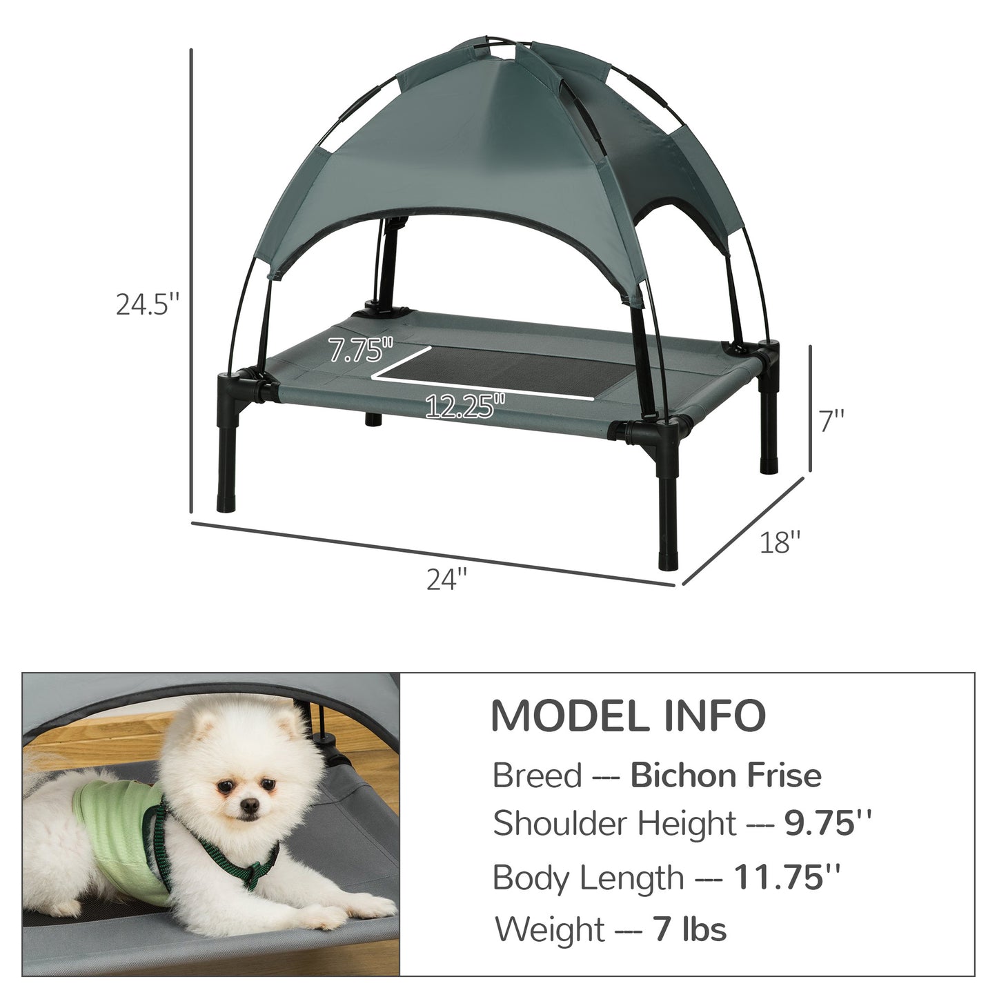 PawHut Elevated Portable Dog Cot Pet Bed with UV Protection Canopy Shade, 24 inch, Gray