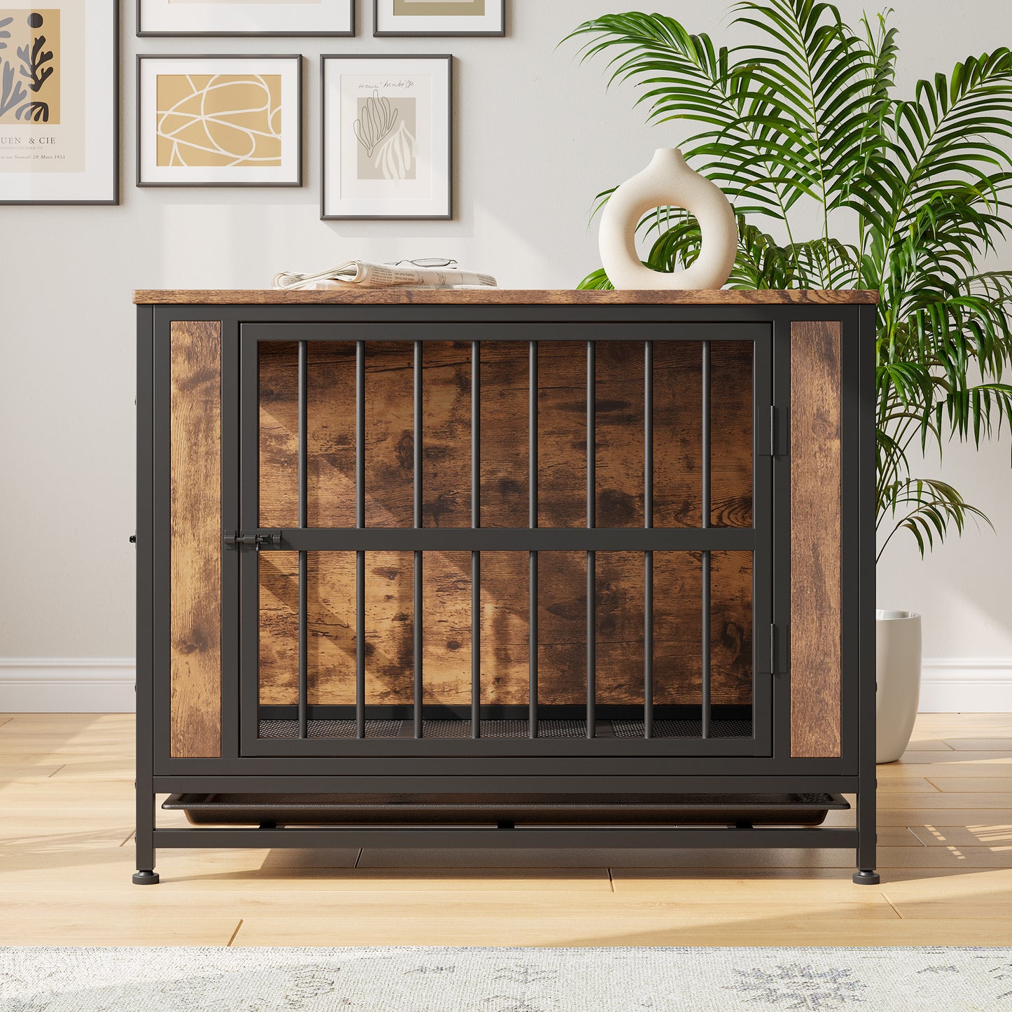 Dog Crate Furniture,  Wooden Dog Crate Table, 32.8" Dog Kennel with 2 Sliding Doors and Thick Iron Door Frame, Decorative Pet Crate House for Medium/Small Dog Indoor Use(Rustic Brown)