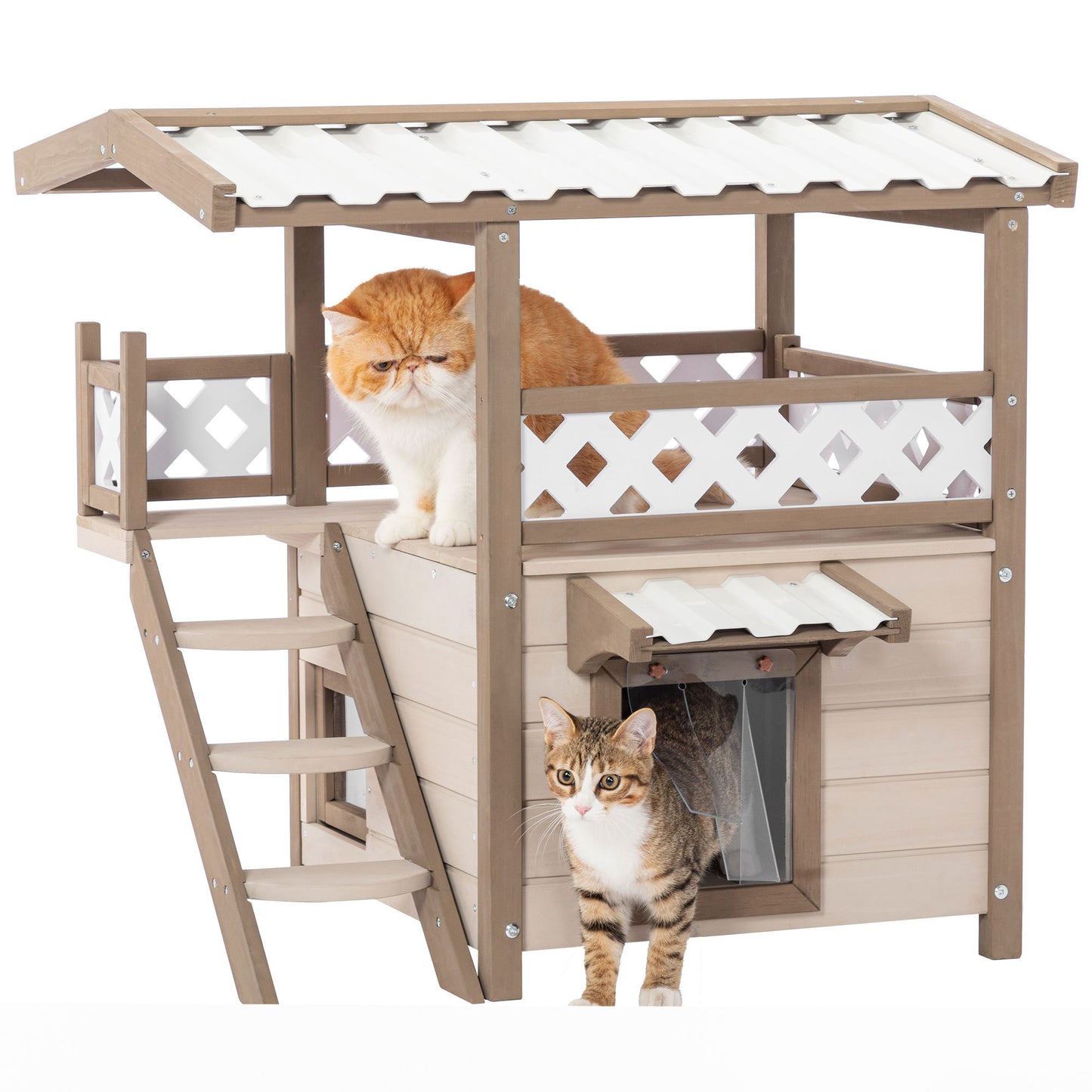 Feral Cat House Outdoor Indoor Kitty Houses with Durable PVC Roof, Escape Door,Curtain and Stair,2 Story Design Perfect for Multi Cats