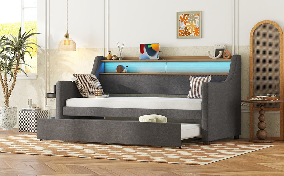 Twin Size Daybed with Trundle Bed, Upholstered Daybed with Charging Station and LED Lights, Gray