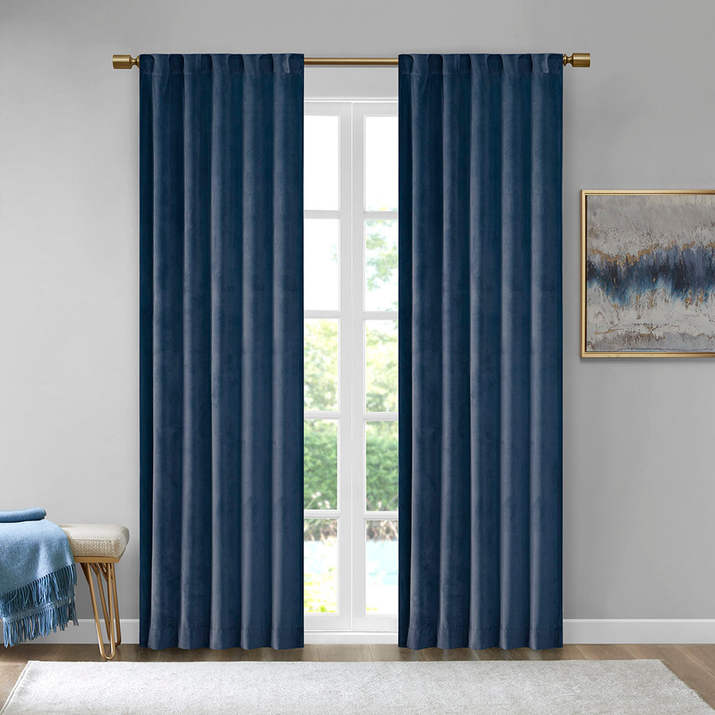 Room Darkening Metallic Printed Poly Velvet Rod Pocket/Back Tab Window Panel Pair Navy 37x63'