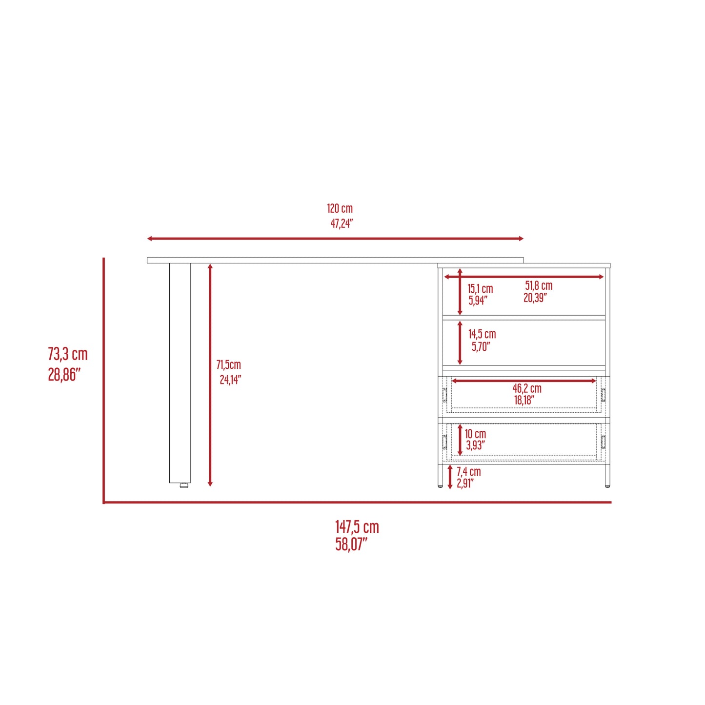 Malaui 120 Desk, Two Legs, Two Drawers, Two Shelves -Light Gray