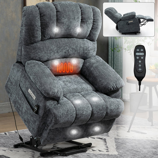 23' Seat Width and High Back Large Size Beige Chenille Power Lift Recliner Chair with 8-Point Vibration Massage and Lumbar Heating