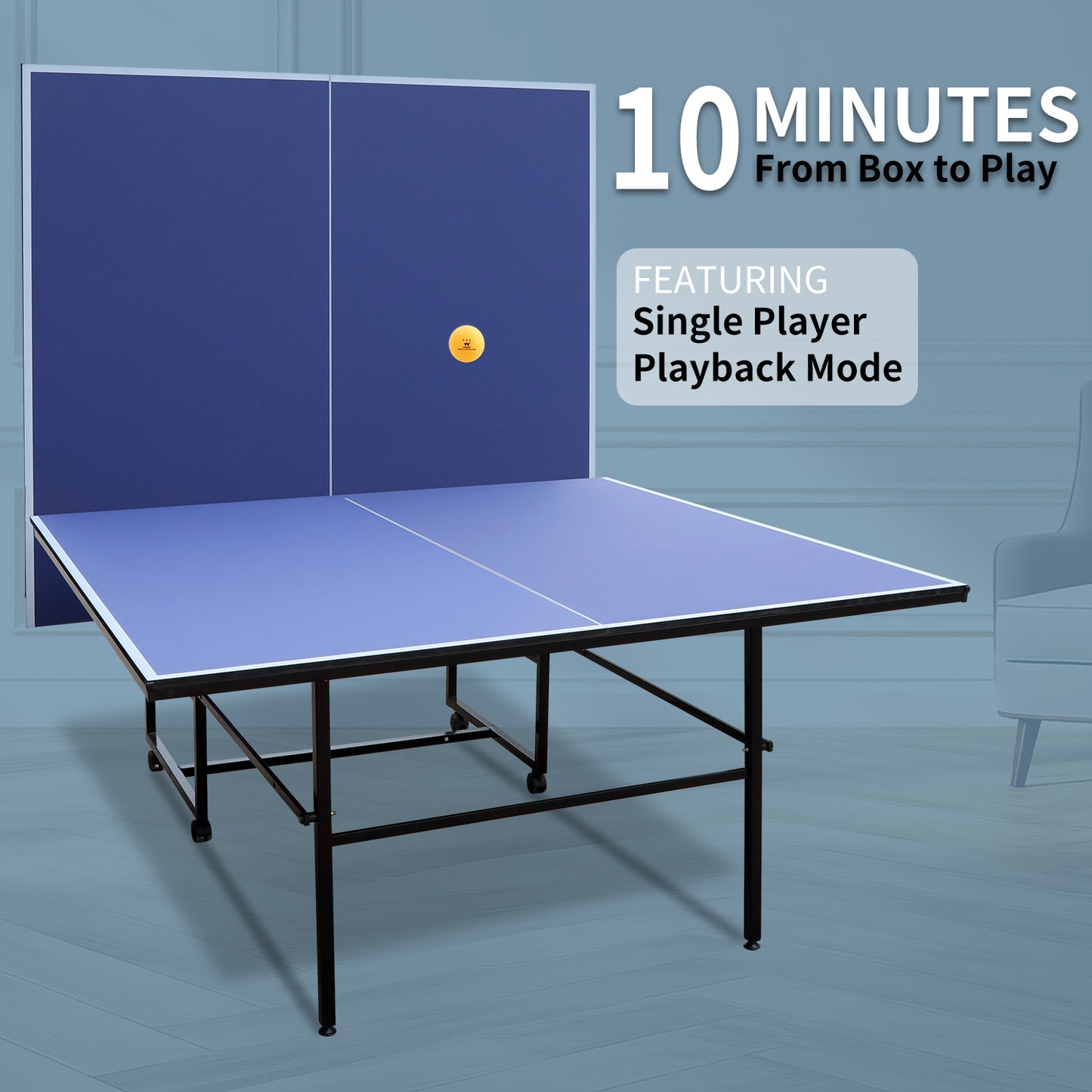 9ft Mid-Size Table Tennis Table Foldable & Portable Ping Pong Table Set for Indoor Games with Net, 2 Table Tennis Paddles and 3 Balls