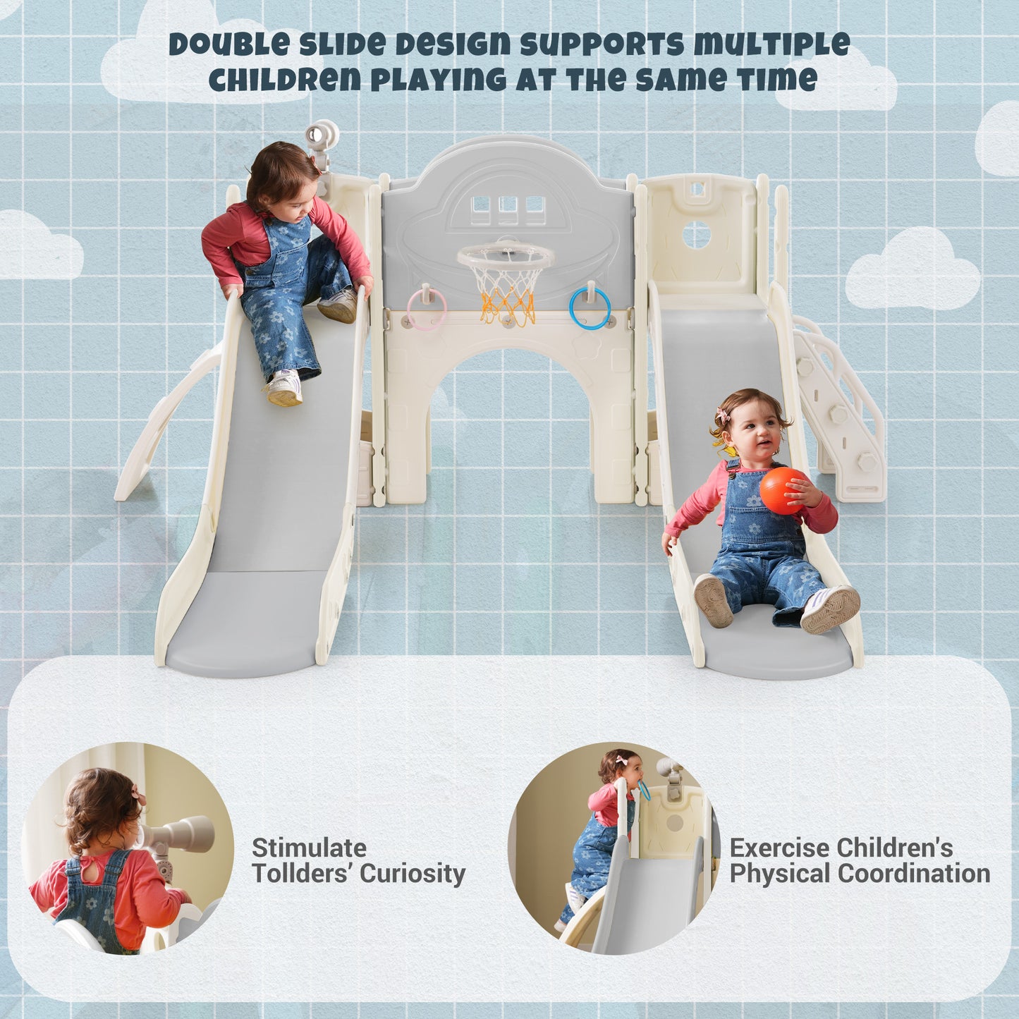 Kids Slide Playset Structure 7 in 1, Freestanding  Spaceship Set with Slide, Arch Tunnel, Ring Toss and Basketball Hoop,Double Slides for Toddlers, Kids Climbers Playground