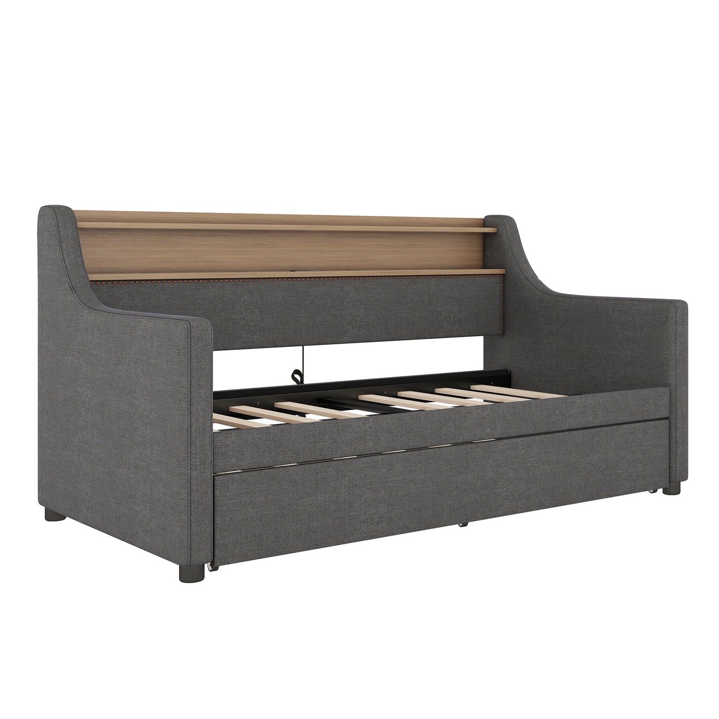 Twin Size Daybed with Trundle Bed, Upholstered Daybed with Charging Station and LED Lights, Gray