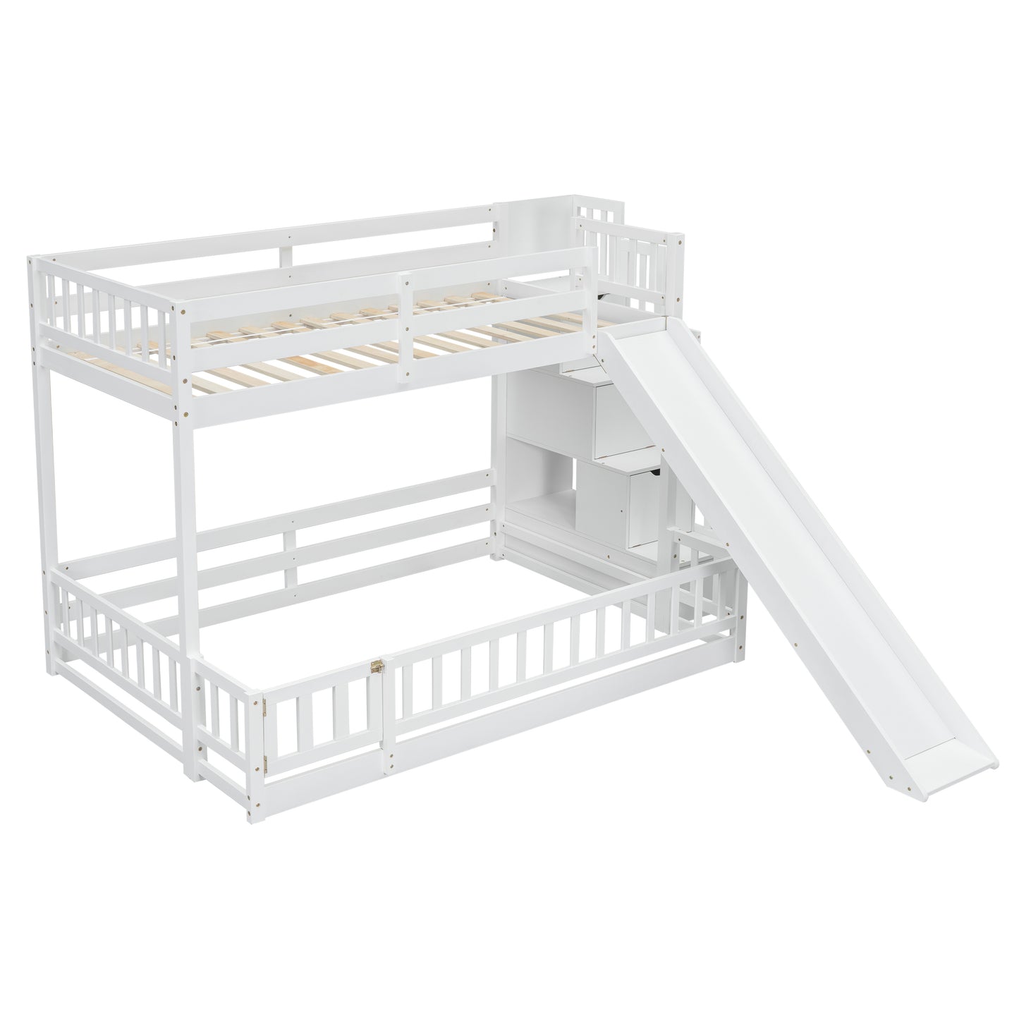 Twin Over Full Bunk Bed with Slide, Storage Staircase, Pine Solid Wooden Bunk Bed with Safety Guardrails,White