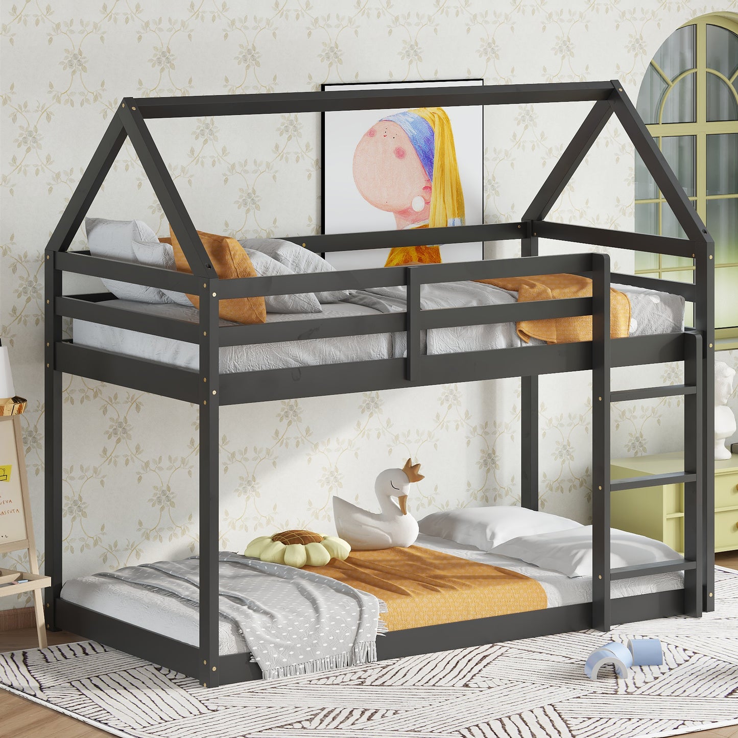 Twin over Twin Rubber Wood Floor Bunk Bed, with ladder,Guardrails,House-Shaped-Bunk Bed, Black