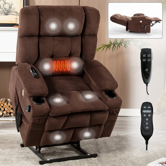 Brown Dual Motor Infinite Position Up to 350 LBS Chenille Power Lift Recliner Chair, Heavy Duty Motion Mechanism with 8-Point Vibration Massage and Lumbar Heating, Dual Cup Holders