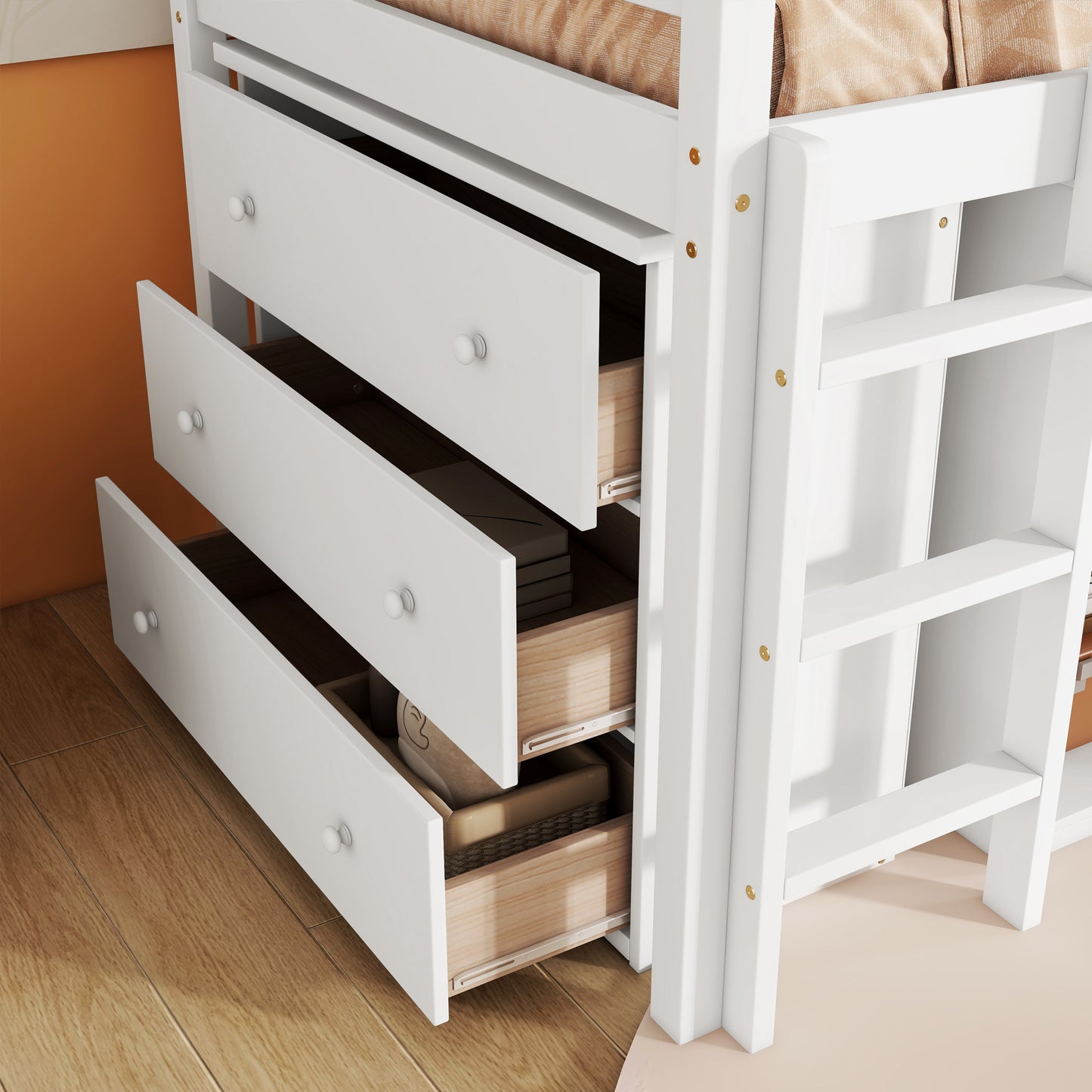 Twin Loft Bed w. stroage case ,drawers,Twin Loft Bed with ,Drawer Cabinet, Shelf Cabinet and Pulling -Out Desk,Rubber Wood Loft Bed with Safety Guardrail ,Ladder,White