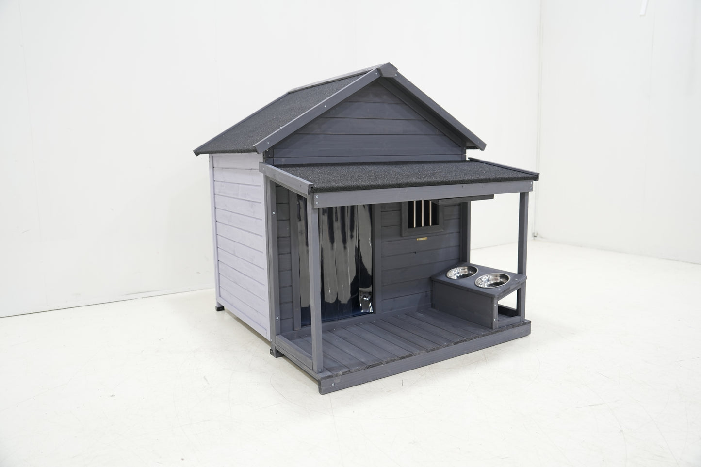 Large balcony dog house, length 44.2" x width 44.6 "x height 44.6" Solid wood asphalt roof dog house with large terrace, weatherproof large dog house, cleaning mat, feeding bowl