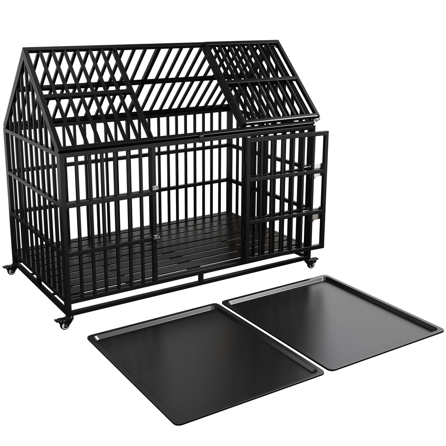 54" Heavy Duty Dog Crate Large Dog cage Strong Metal Dog Kennels and Crates for Large Dogs Top Open with 2 Doors 4 Lockable Wheels 2 Removable Trays