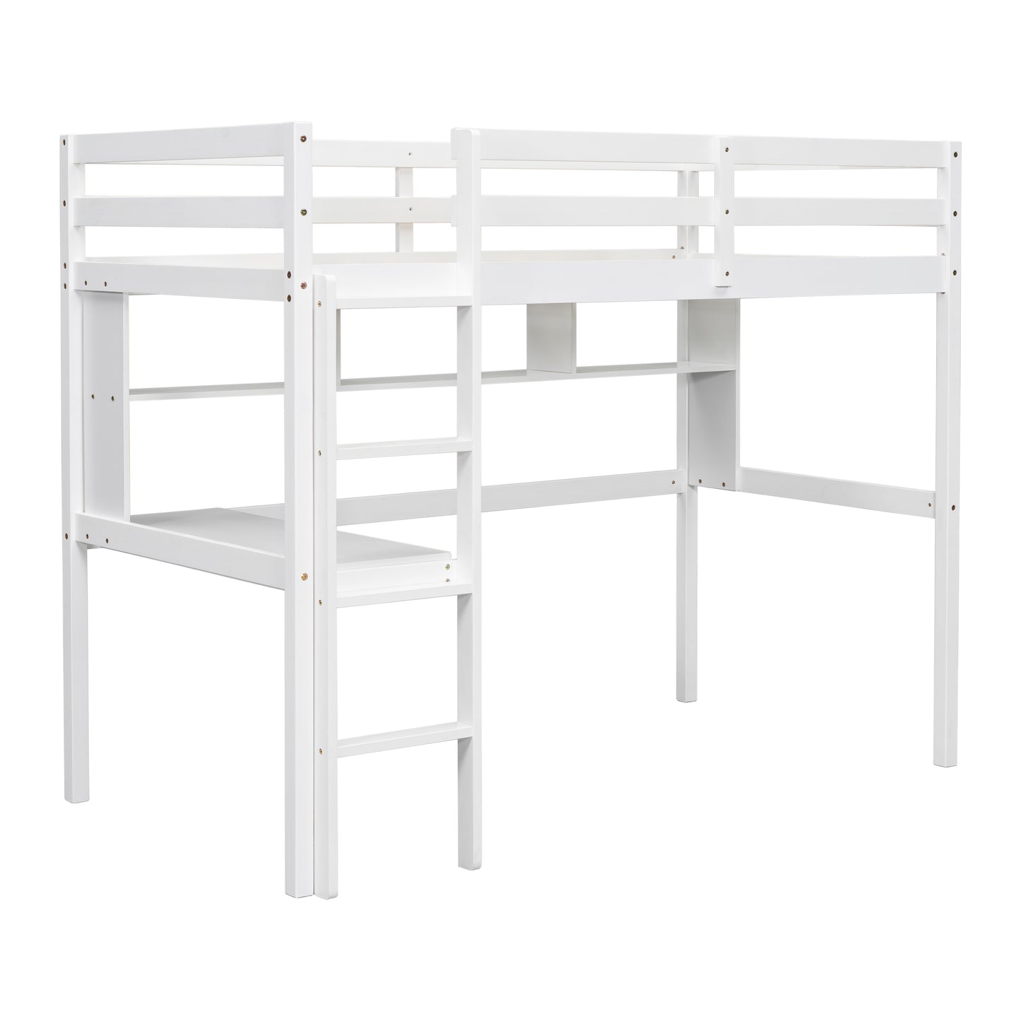 Twin Size Loft Bed with desk and shelves, Safety Guardrail and ladder,White