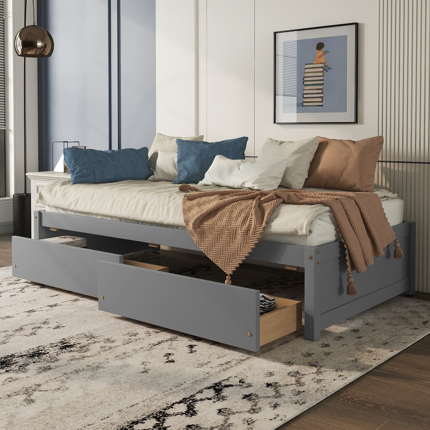 Twin Bed with 2 Drawers, Solid Wood, No Box Spring Needed ,Grey(Old SKU:W50422208)