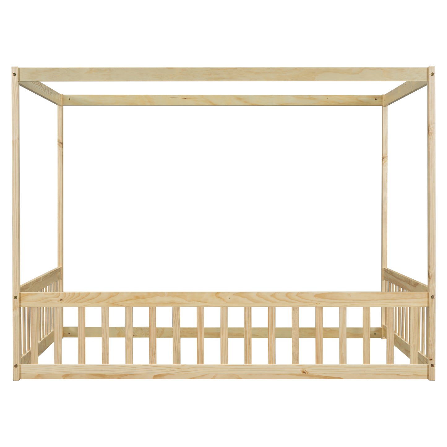 Full Size Canopy Frame Floor Bed with Fence, Guardrails,Natural