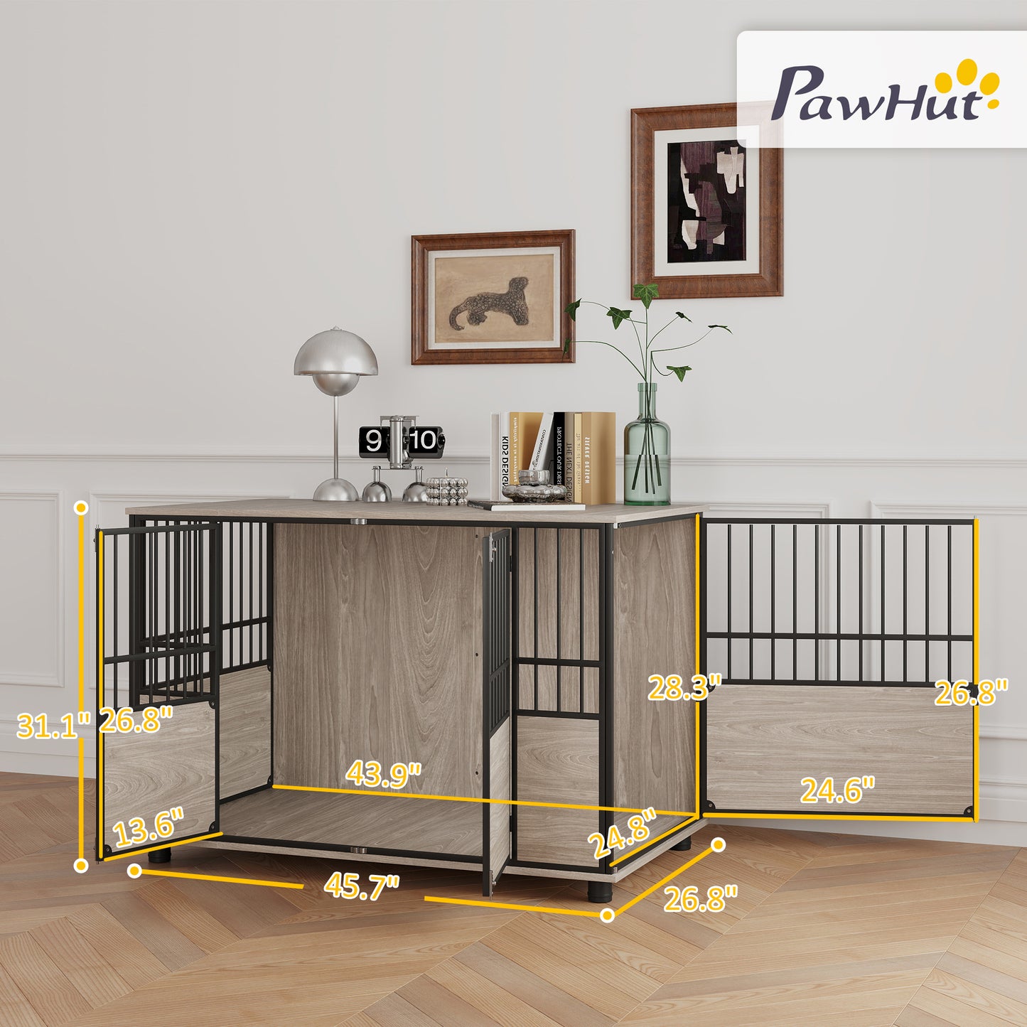 PawHut Dog Crate Furniture, Decorative Dog Kennel Indoor End Table with Double Doors, Multi-Purpose Pet Crate for Small to Large Dogs up to 88 lb, 46"L, Walnut Wood Finish