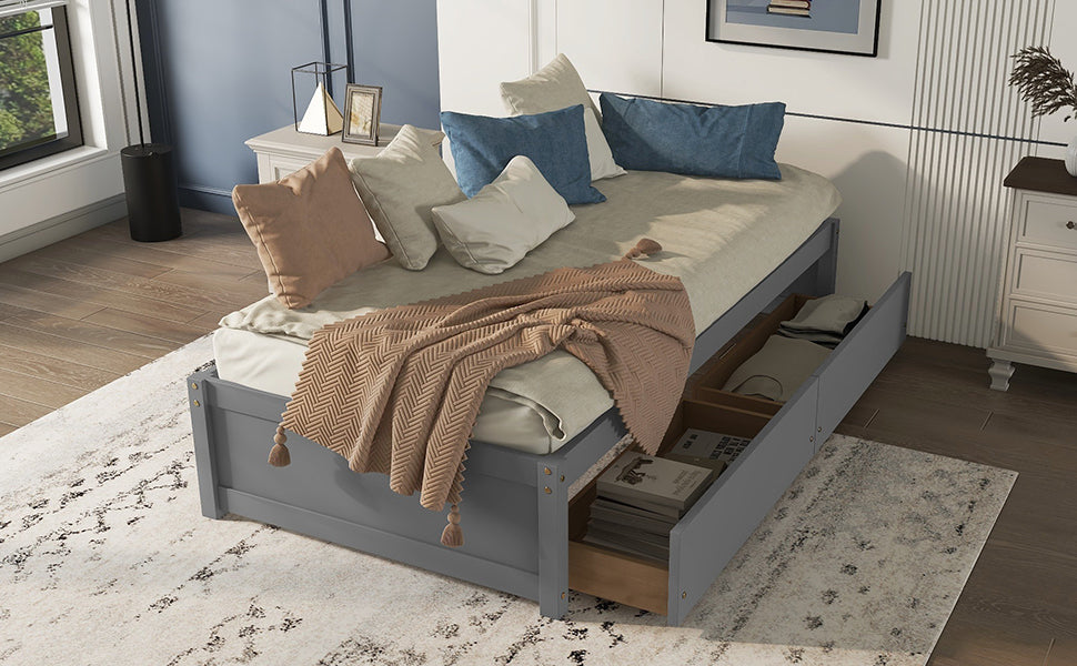 Twin Bed with 2 Drawers, Solid Wood, No Box Spring Needed ,Grey(Old SKU:W50422208)