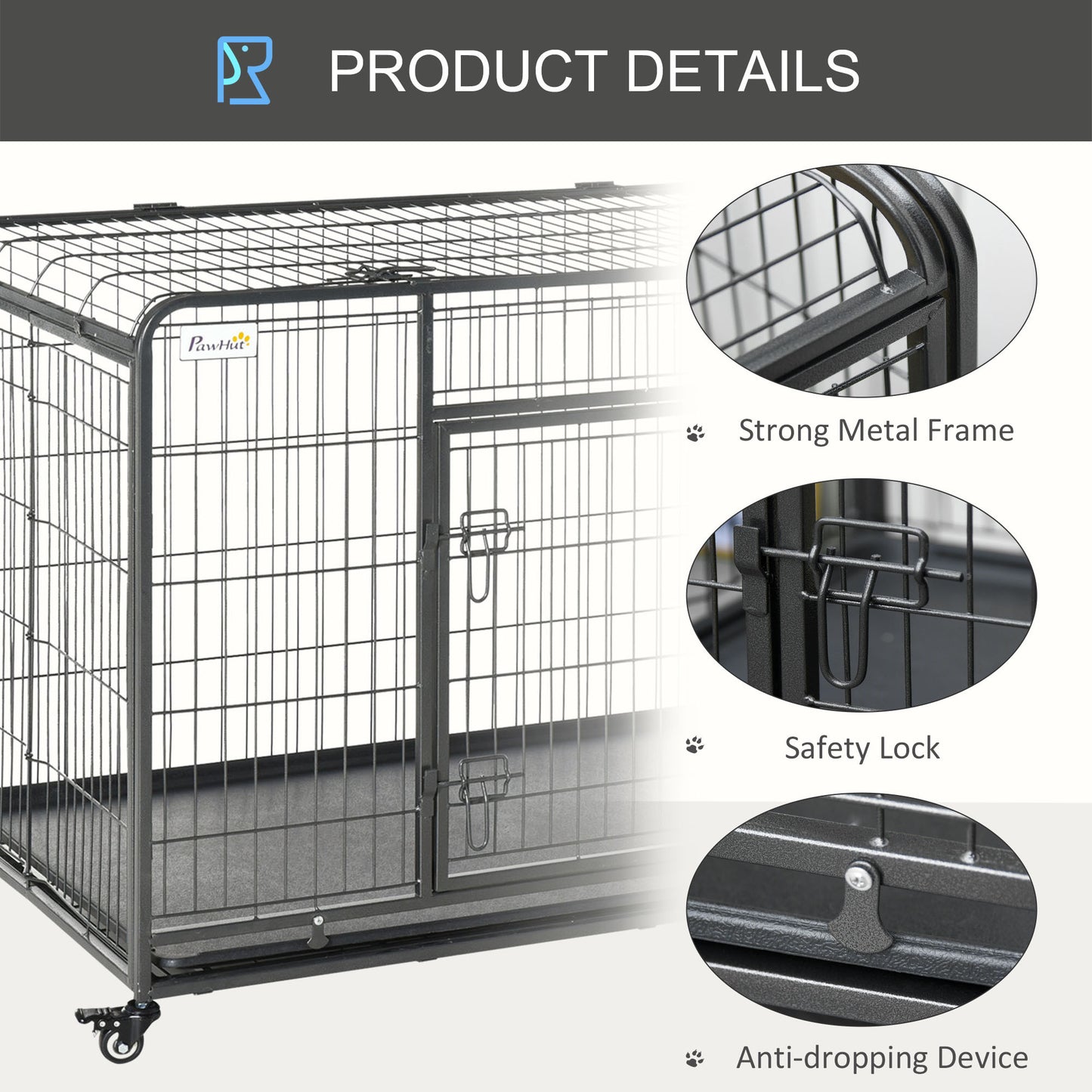 PawHut Folding Design Heavy Duty Metal Dog Cage Crate & Kennel with Removable Tray and Cover, & 4 Locking Wheels, Indoor/Outdoor 49"