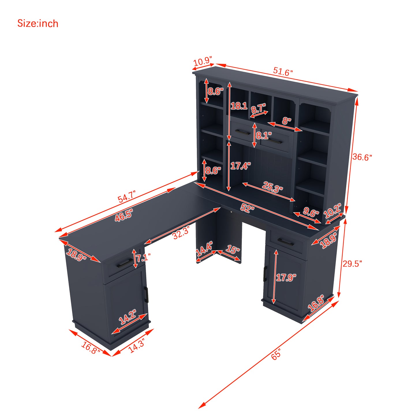 L-shaped computer desk with 2 cabinets and 2 drawers underneath the table, 11 open shelves and a flip-up shelf with storage on the right side, suitable for study, living room and office, Antique Blue