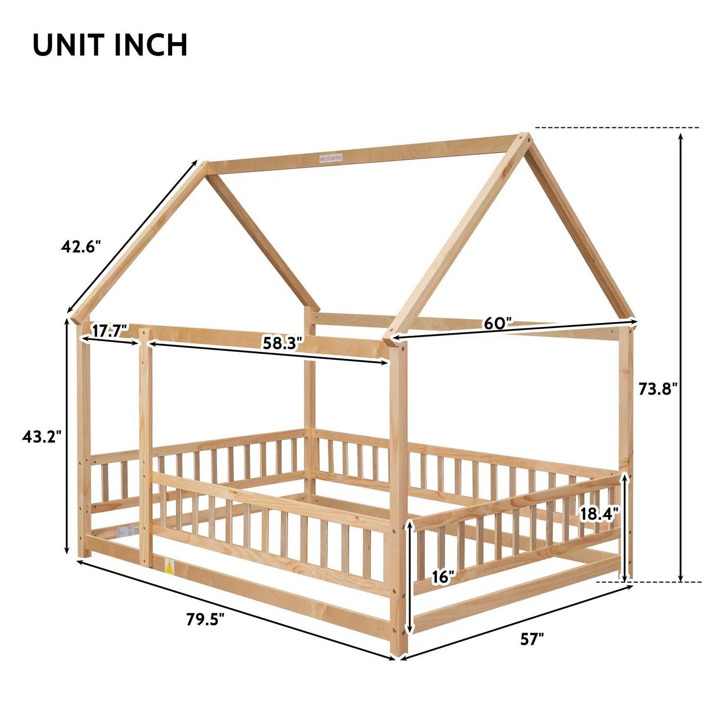 Full Size Floor Wooden Bed with House Roof Frame, Fence Guardrails ,Nartural(Old SKU:W504105242)