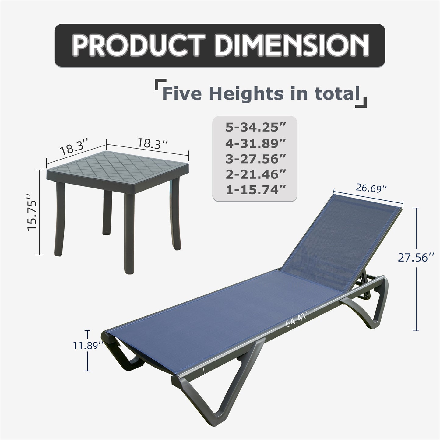 Outdoor Lounge Chair, Aluminum Plastic Patio Chaise Lounge with Side Table & 5 Position Adjustable Backrest & Wheels, All Weather Reclining Chair for Outside Beach Poolside Lawn, Navy Blue