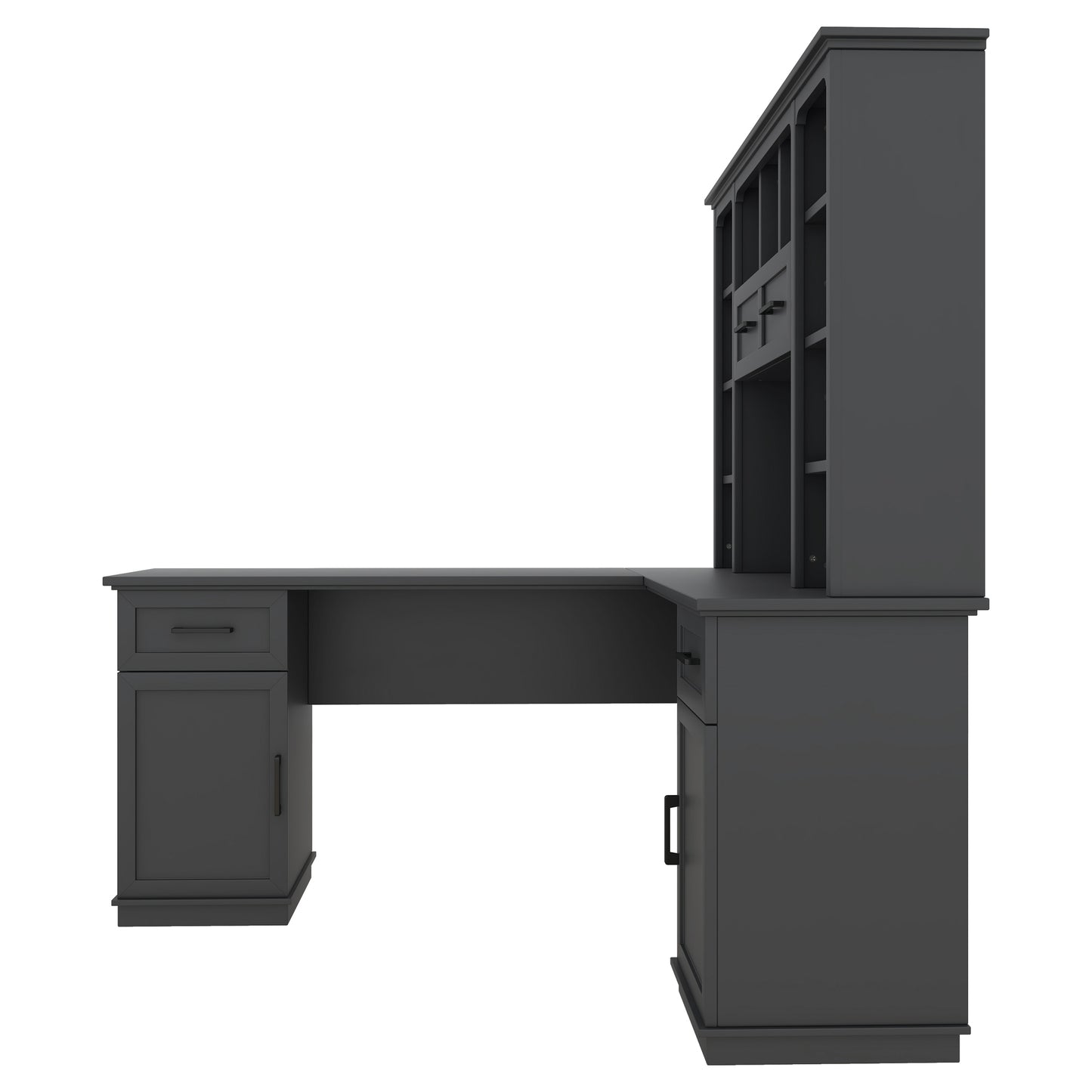 L-shaped computer desk with 2 cabinets and 2 drawers underneath the table, 11 open shelves and a flip-up shelf with storage on the right side, suitable for study, living room and office, Black