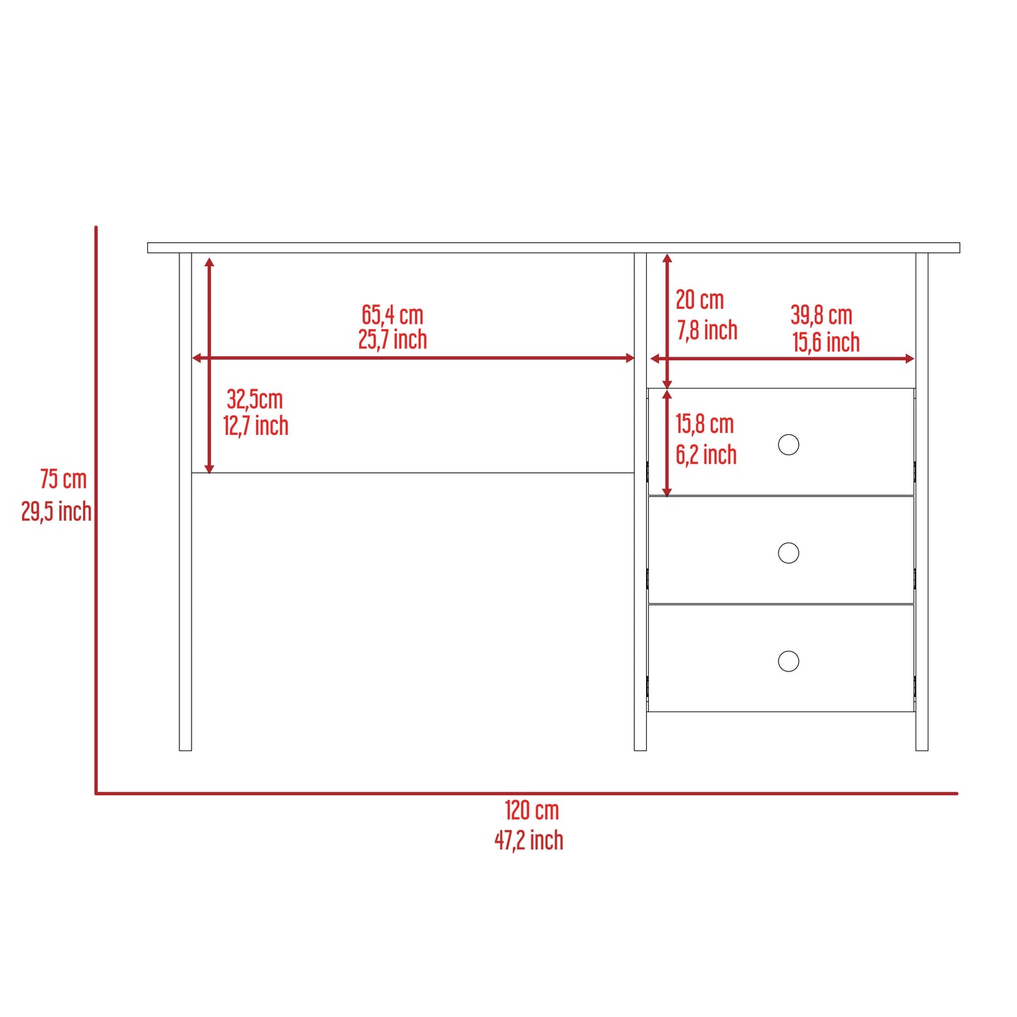 Bianco Writing Computer Desk, Three Drawers, One Shelf