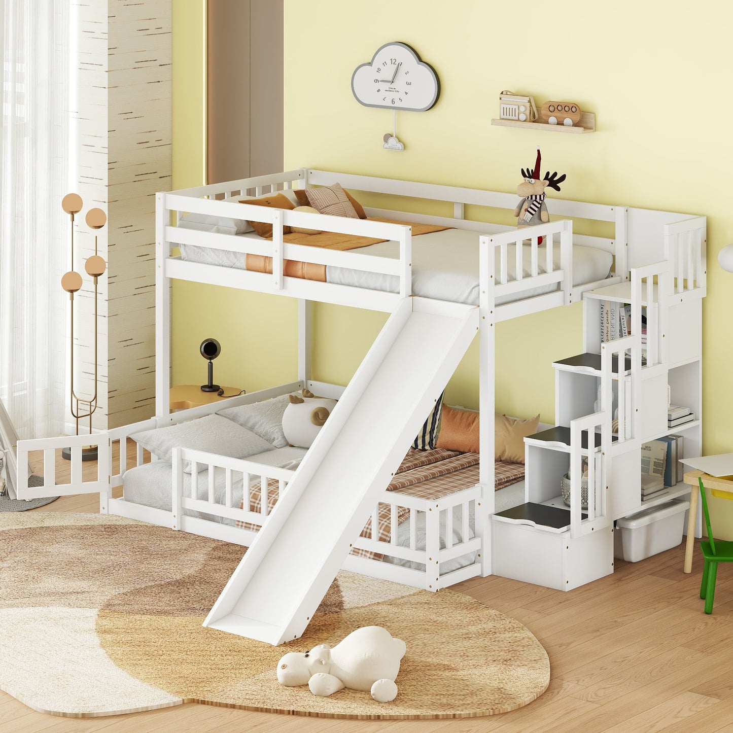 Twin Over Full Bunk Bed with Slide, Storage Staircase, Pine Solid Wooden Bunk Bed with Safety Guardrails,White