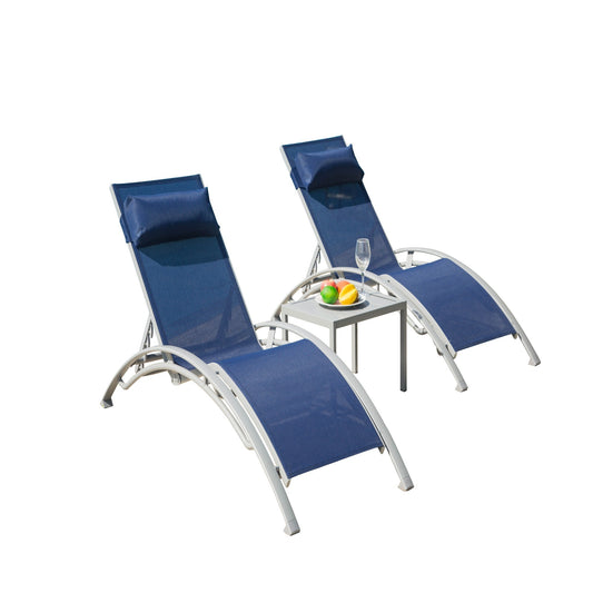 Pool Lounge Chairs Set of 3, Adjustable Aluminum Outdoor Chaise Lounge Chairs with Metal Side Table, All Weather for Deck Lawn Poolside Backyard (Blue, 2 Lounge Chirs+1 Table)