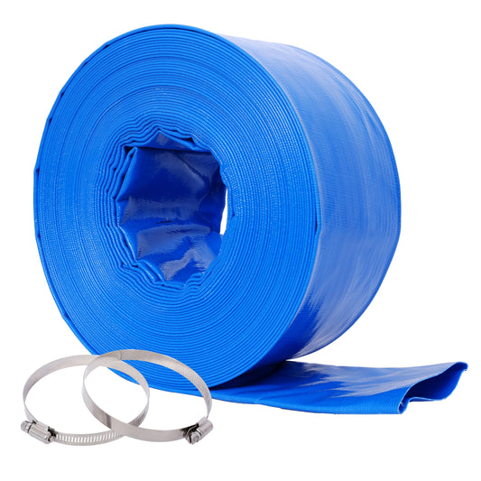 4'x100FT Pool Backwash Hose, Blue Heavy Duty Reinforced PVC Lay Flat Water Discharge Hose for Swimming Pool Filter Pump,with 2 Clamp