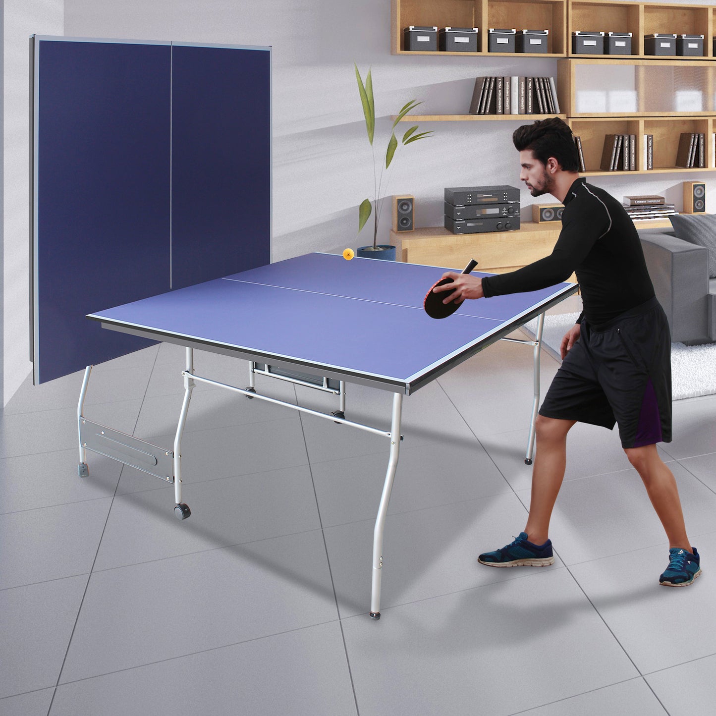 8ft Mid-Size Table Tennis Table Foldable & Portable Ping Pong Table Set for Indoor & Outdoor Games with Net, 2 Table Tennis Paddles and 3 Balls