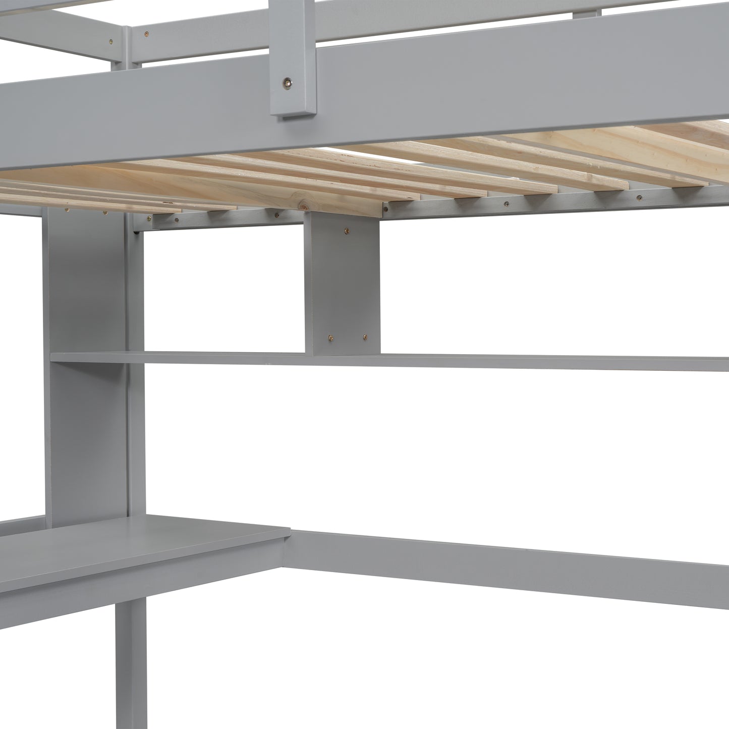 Twin Size Loft Bed with desk and shelves, Safety Guardrail and ladder,Grey