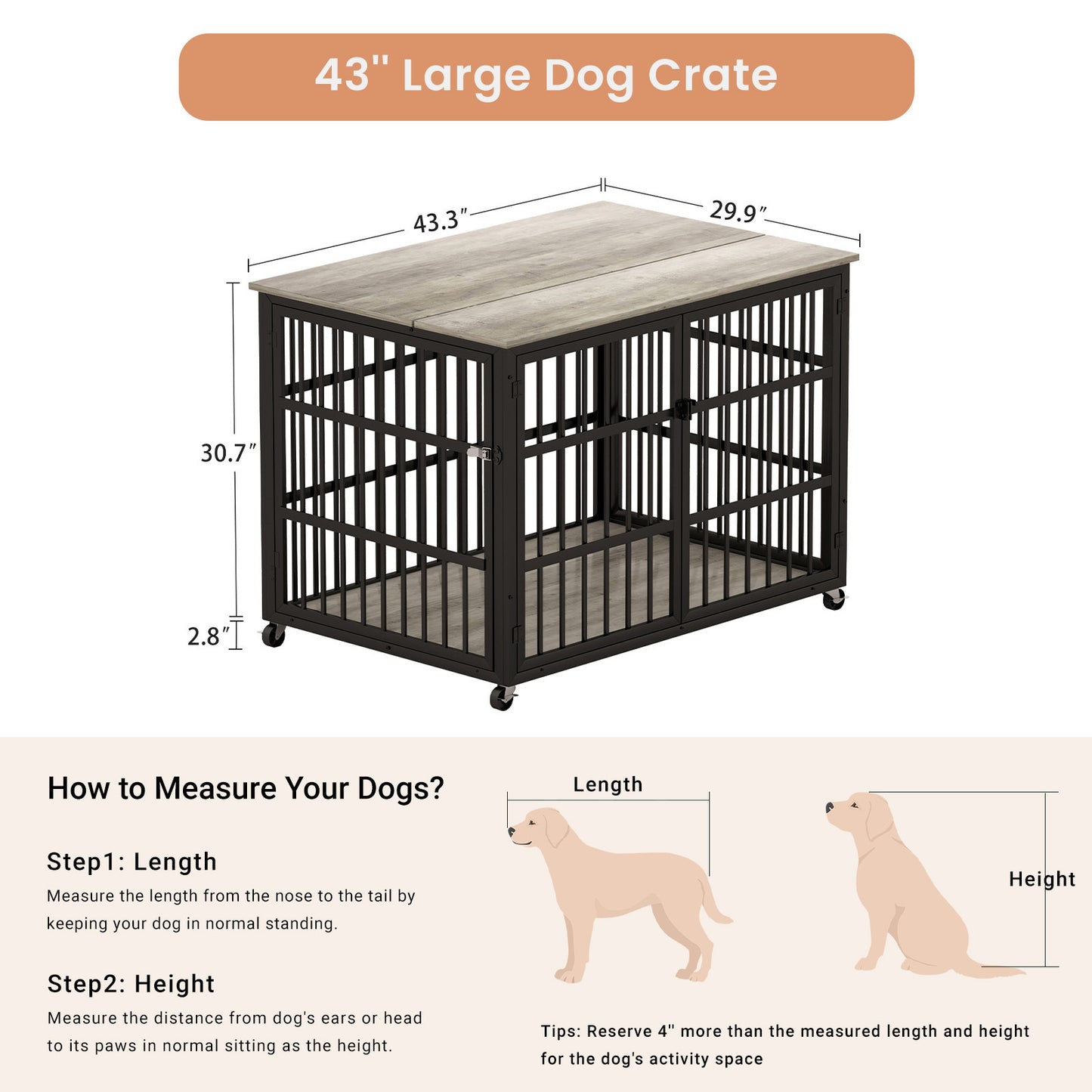 Furniture style dog crate wrought iron frame door with side openings, Grey, 43.3''W x 29.9''D x 33.5''H.